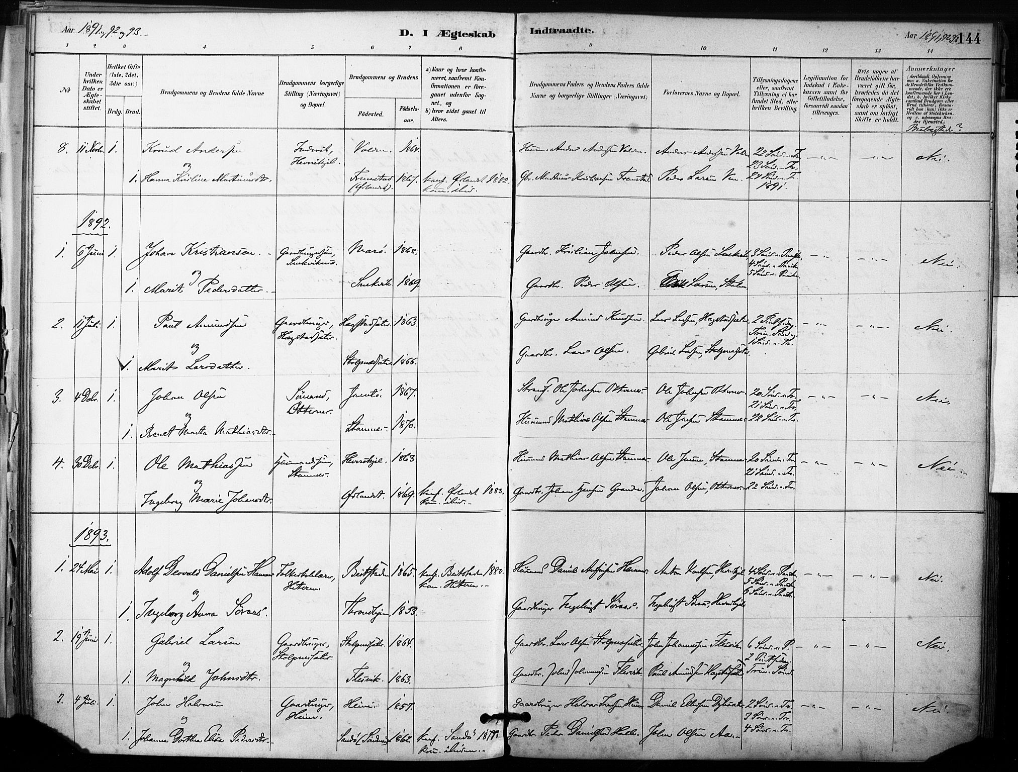 Ministerialprotokoller, klokkerbøker og fødselsregistre - Sør-Trøndelag, AV/SAT-A-1456/633/L0518: Parish register (official) no. 633A01, 1884-1906, p. 144