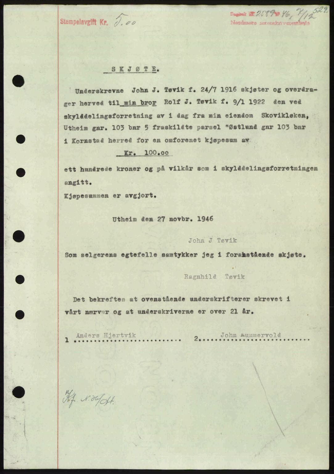 Nordmøre sorenskriveri, AV/SAT-A-4132/1/2/2Ca: Mortgage book no. A103, 1946-1947, Diary no: : 2589/1946