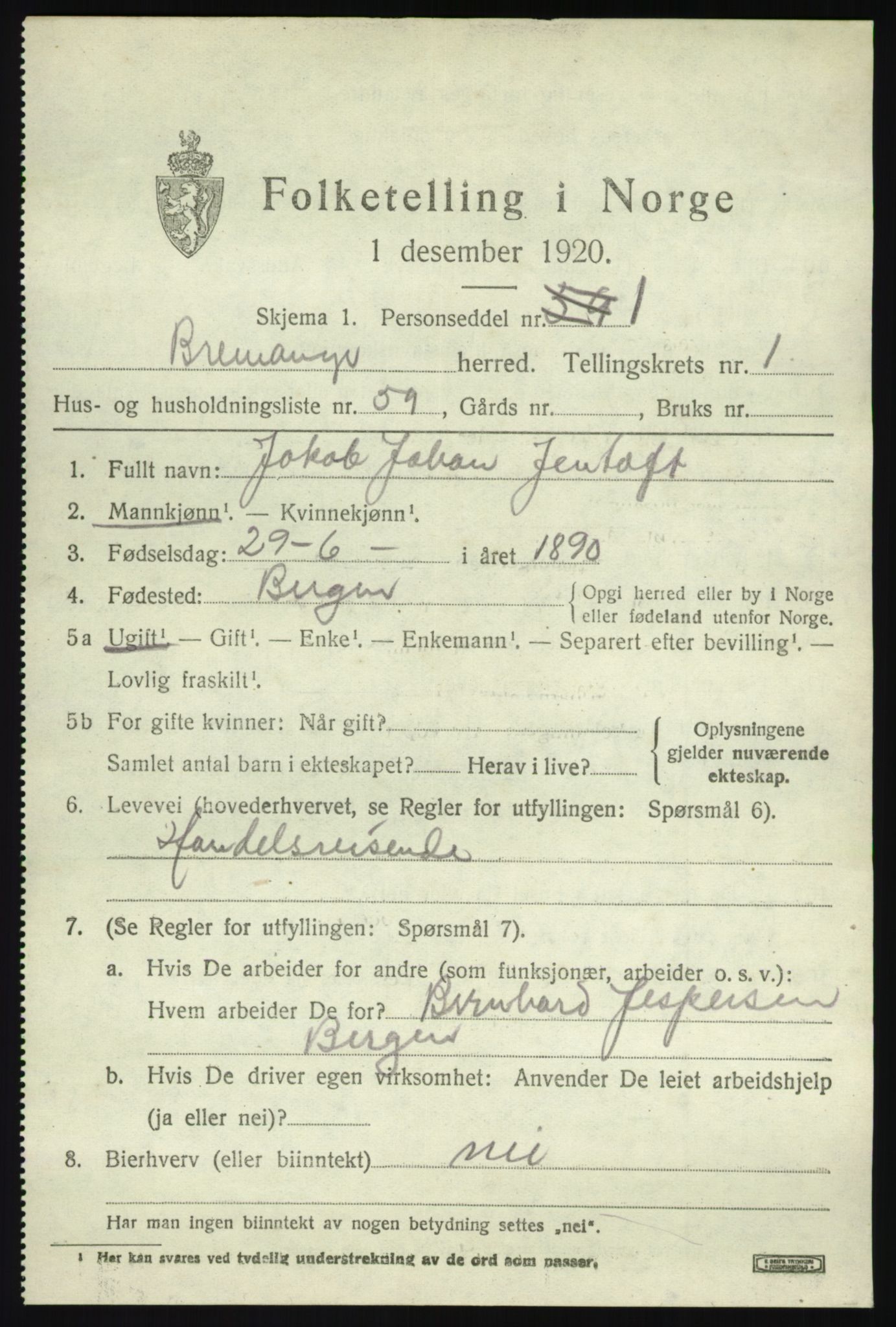 SAB, 1920 census for Bremanger, 1920, p. 1732