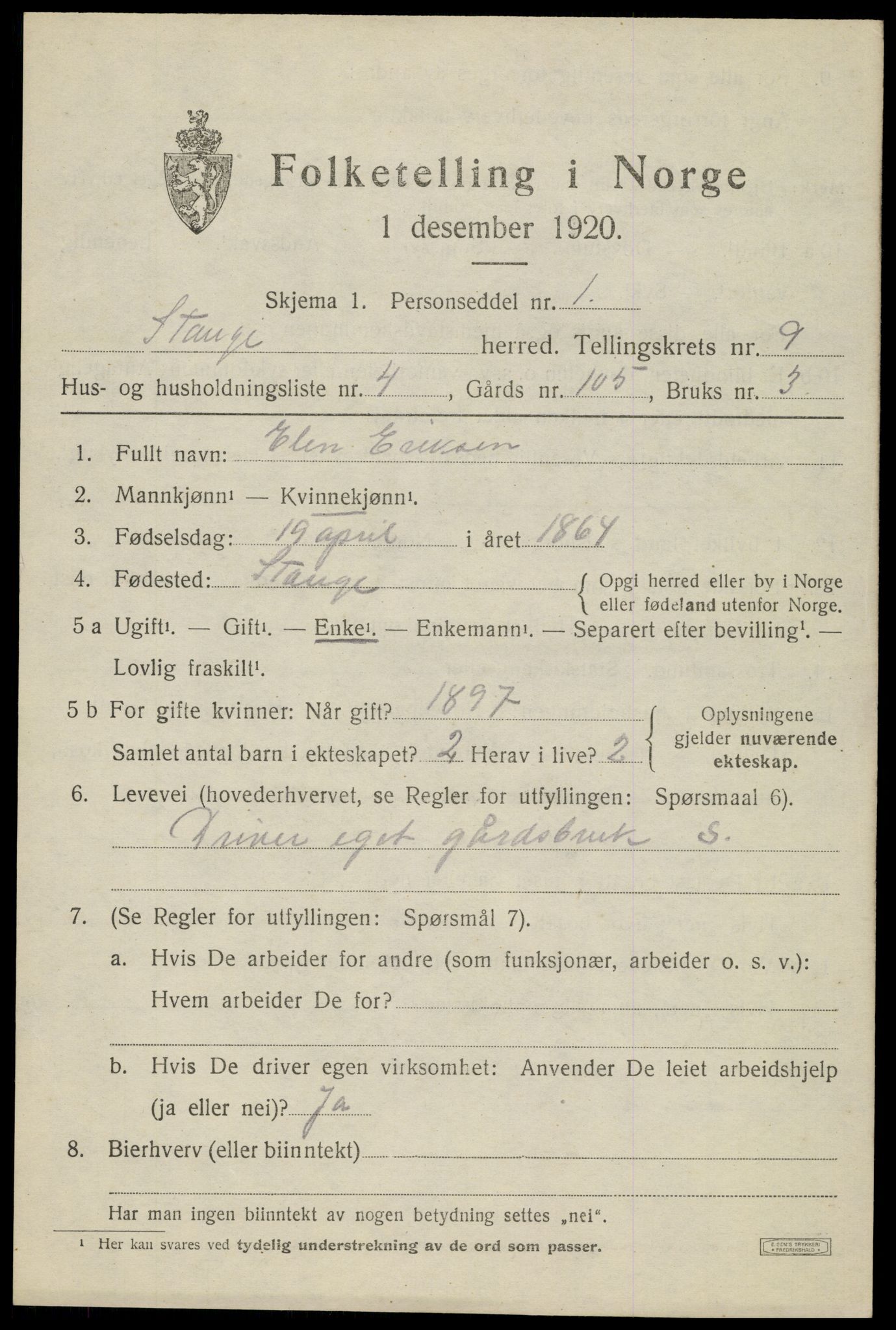 SAH, 1920 census for Stange, 1920, p. 14615