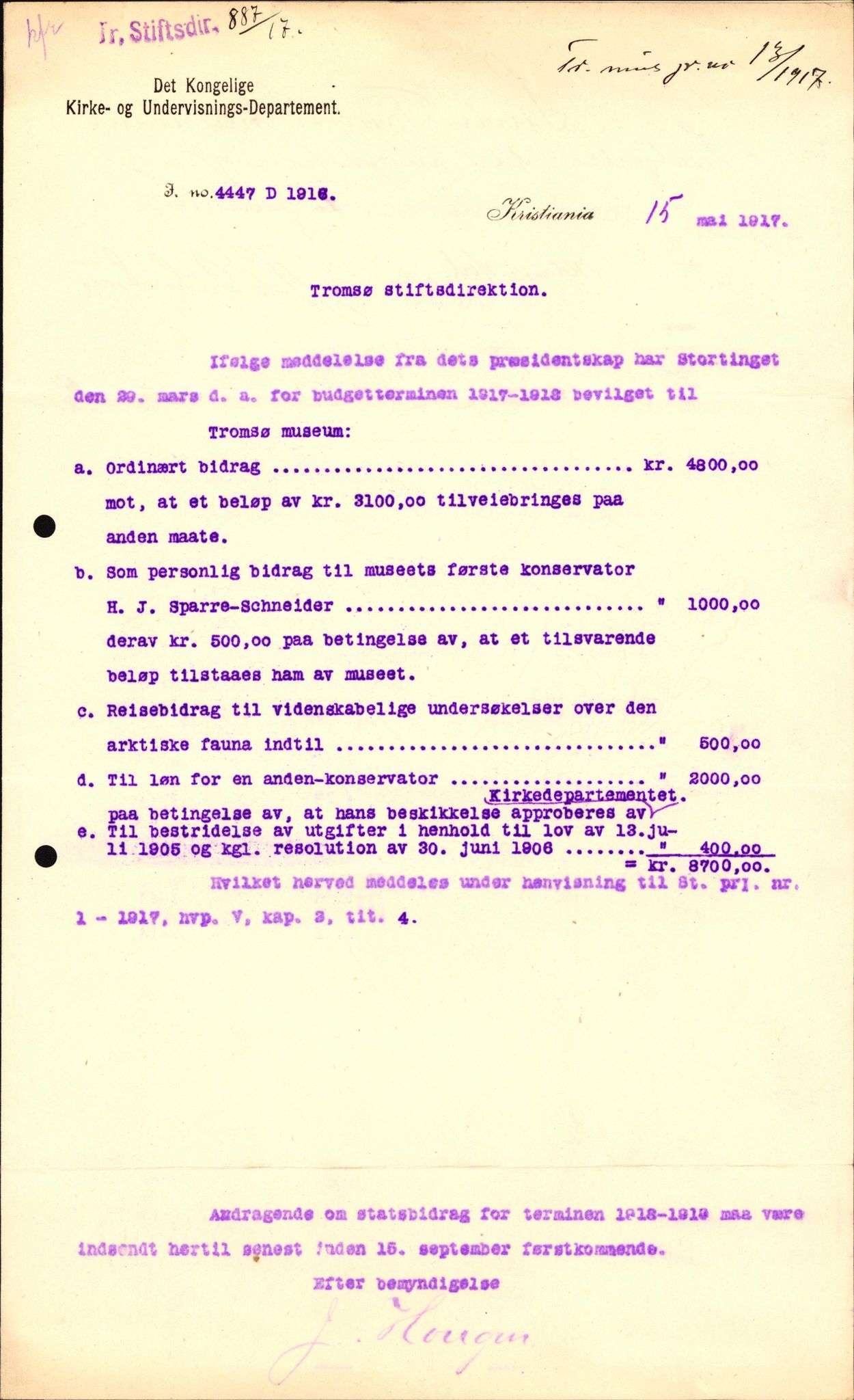 Tromsø Museum, AV/SATØ-S-0162/D/Da/L0030: Journalsaker og innkomne brev, 1906-1920, p. 398