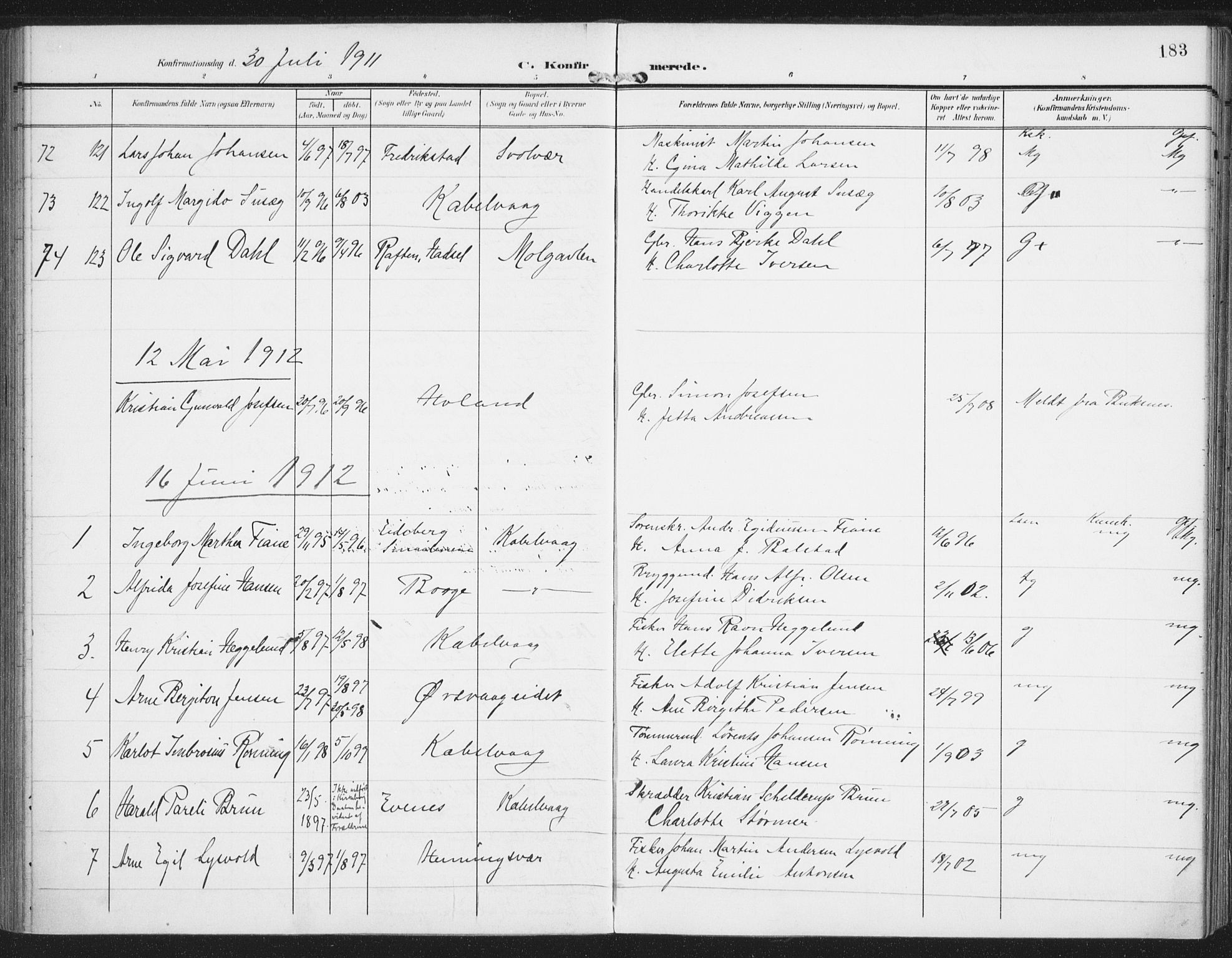 Ministerialprotokoller, klokkerbøker og fødselsregistre - Nordland, SAT/A-1459/874/L1063: Parish register (official) no. 874A07, 1907-1915, p. 183