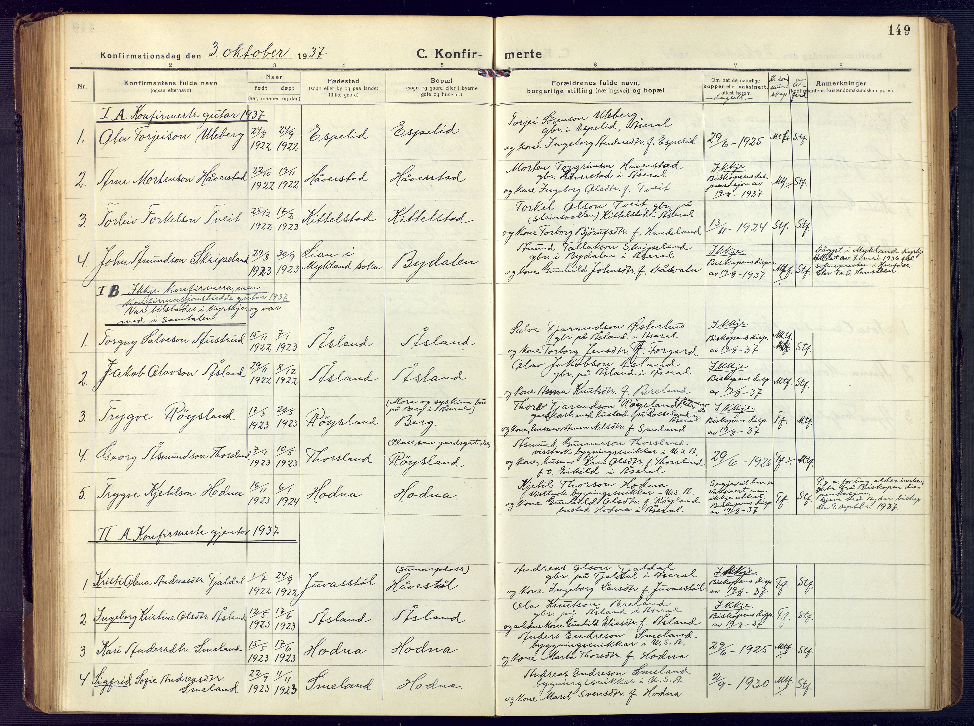 Åseral sokneprestkontor, SAK/1111-0051/F/Fb/L0004: Parish register (copy) no. B 4, 1920-1946, p. 149