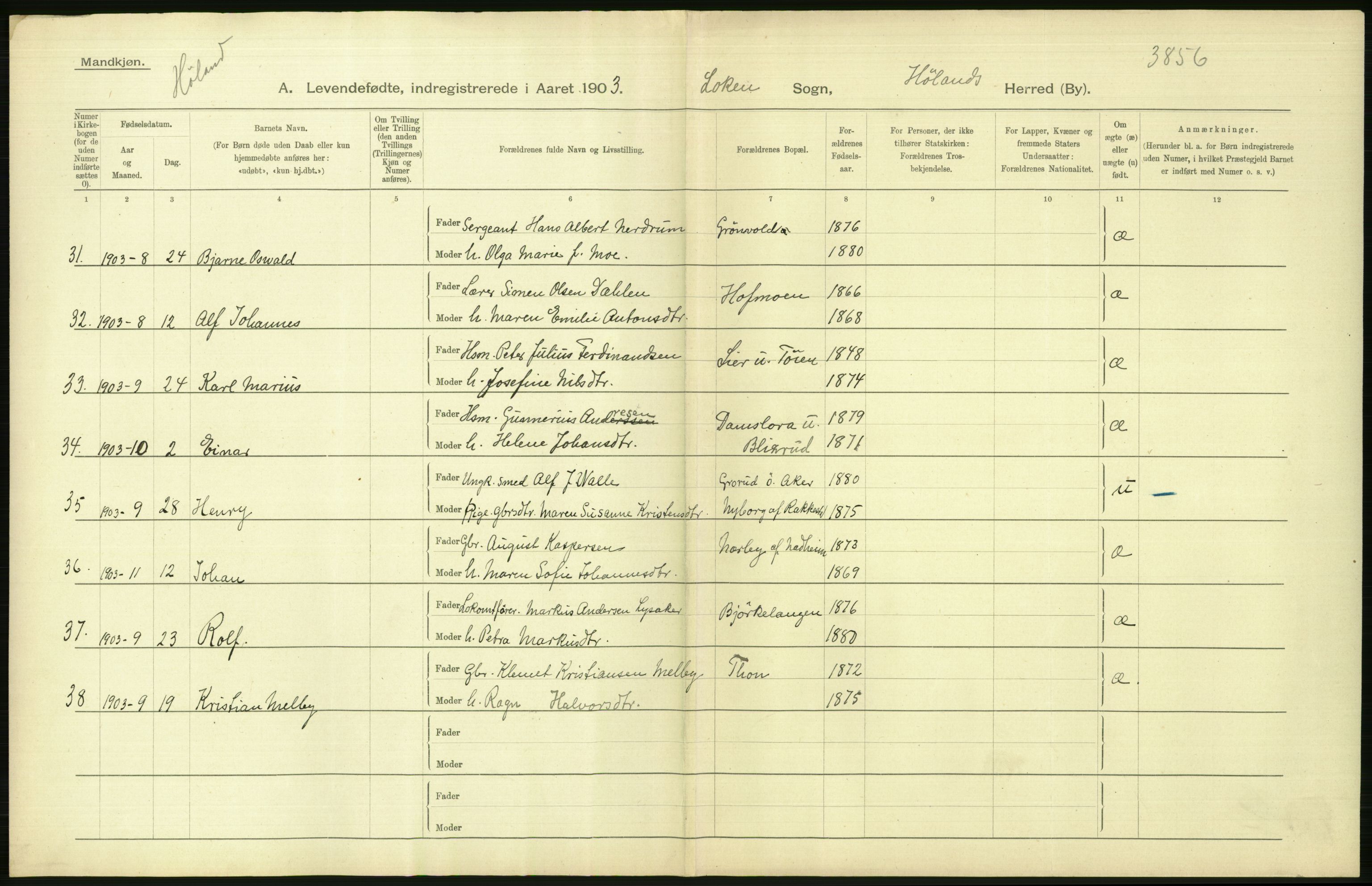 Statistisk sentralbyrå, Sosiodemografiske emner, Befolkning, AV/RA-S-2228/D/Df/Dfa/Dfaa/L0002: Akershus amt: Fødte, gifte, døde, 1903, p. 86