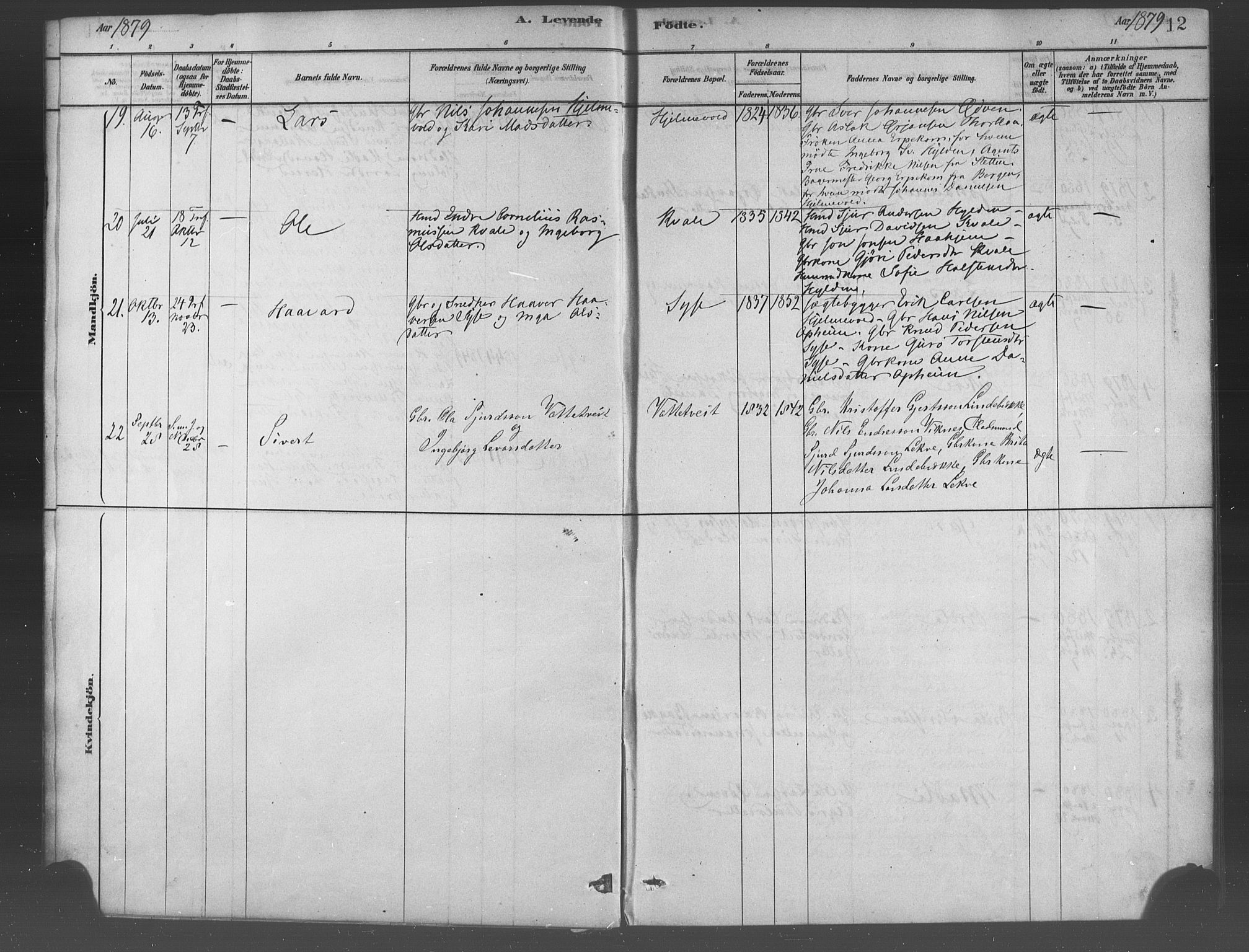 Ulvik sokneprestembete, SAB/A-78801/H/Haa: Parish register (official) no. B 1, 1878-1897, p. 12