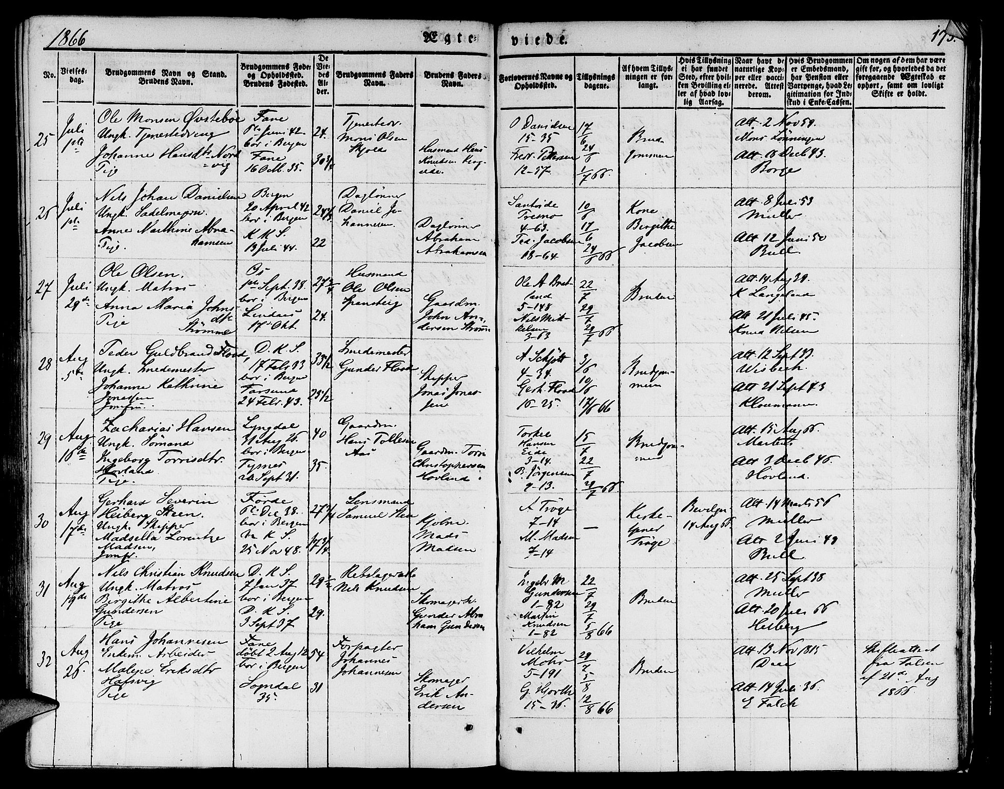 Nykirken Sokneprestembete, AV/SAB-A-77101/H/Hab: Parish register (copy) no. D 1, 1832-1867, p. 175