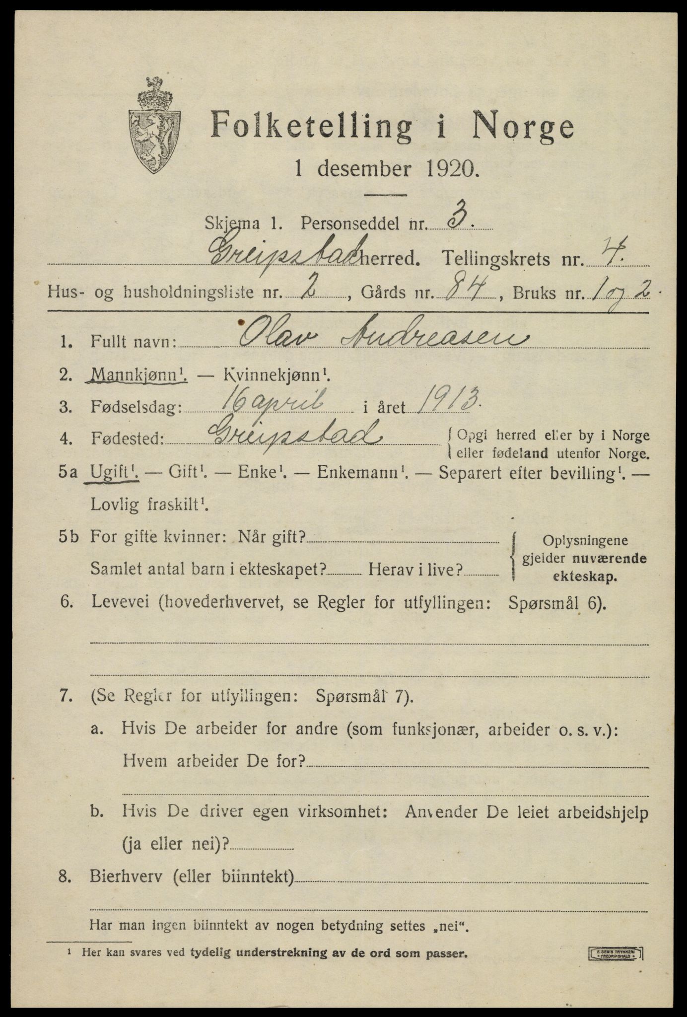 SAK, 1920 census for Greipstad, 1920, p. 1518