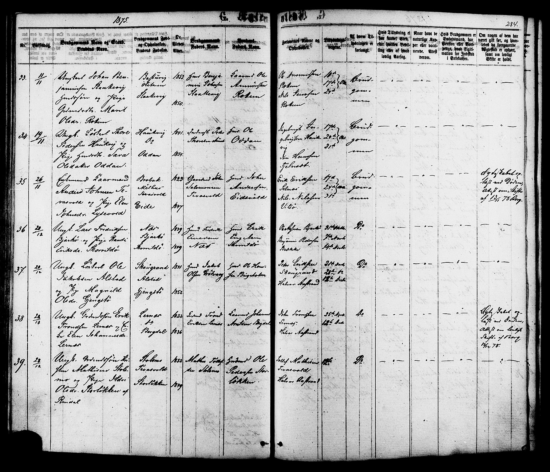 Ministerialprotokoller, klokkerbøker og fødselsregistre - Sør-Trøndelag, SAT/A-1456/630/L0495: Parish register (official) no. 630A08, 1868-1878, p. 284