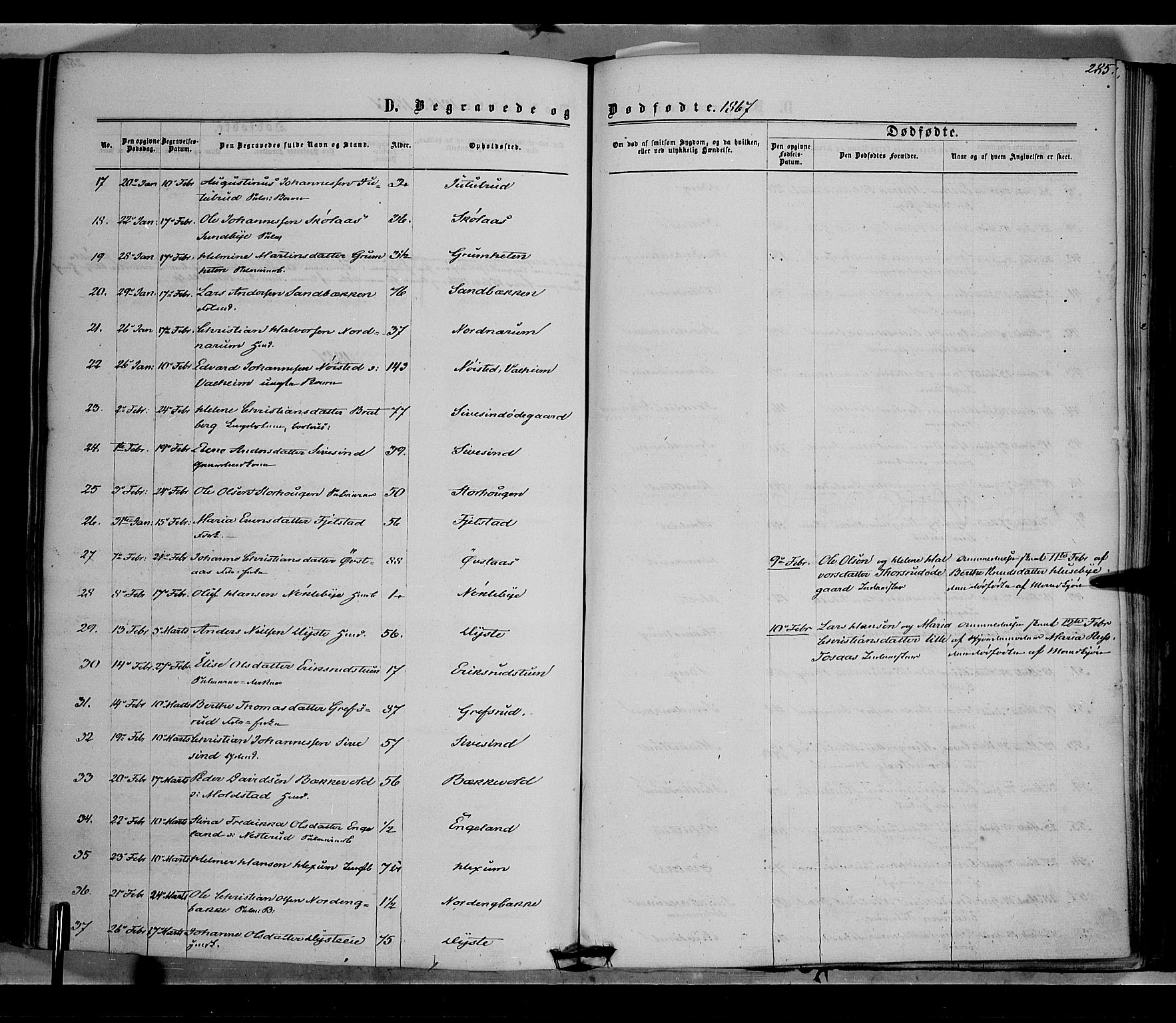 Vestre Toten prestekontor, AV/SAH-PREST-108/H/Ha/Haa/L0007: Parish register (official) no. 7, 1862-1869, p. 285