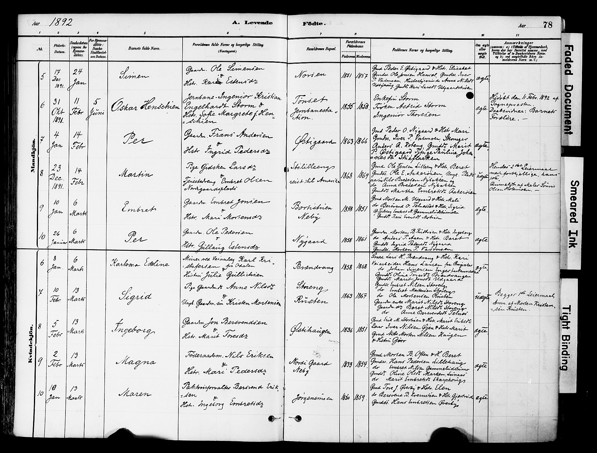Tynset prestekontor, SAH/PREST-058/H/Ha/Haa/L0022: Parish register (official) no. 22, 1880-1899, p. 78