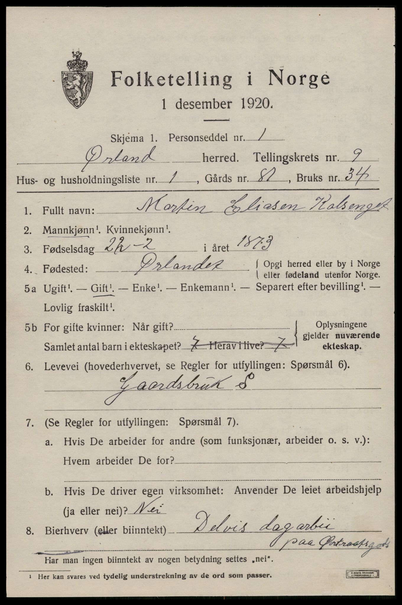 SAT, 1920 census for Ørland, 1920, p. 7835