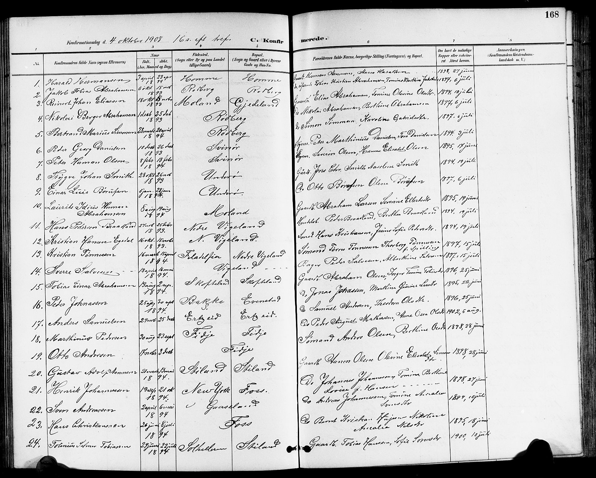 Sør-Audnedal sokneprestkontor, AV/SAK-1111-0039/F/Fb/Fbb/L0006: Parish register (copy) no. B 6, 1893-1915, p. 168