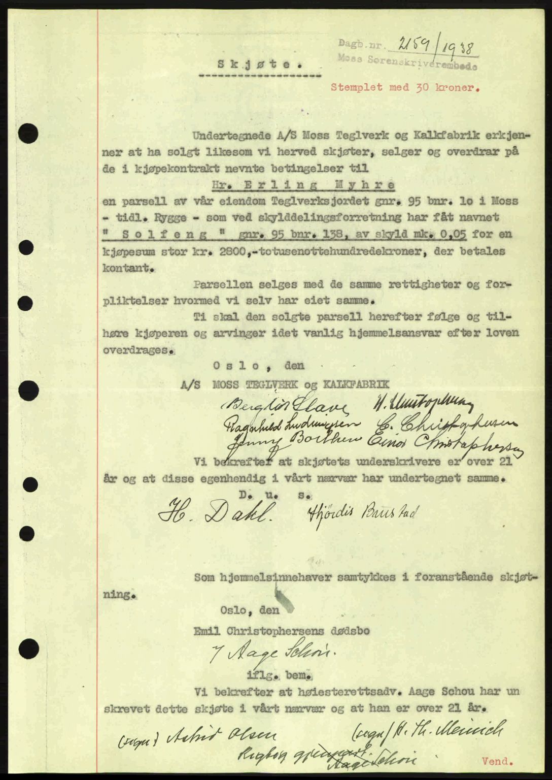 Moss sorenskriveri, SAO/A-10168: Mortgage book no. A5, 1938-1939, Diary no: : 2159/1938