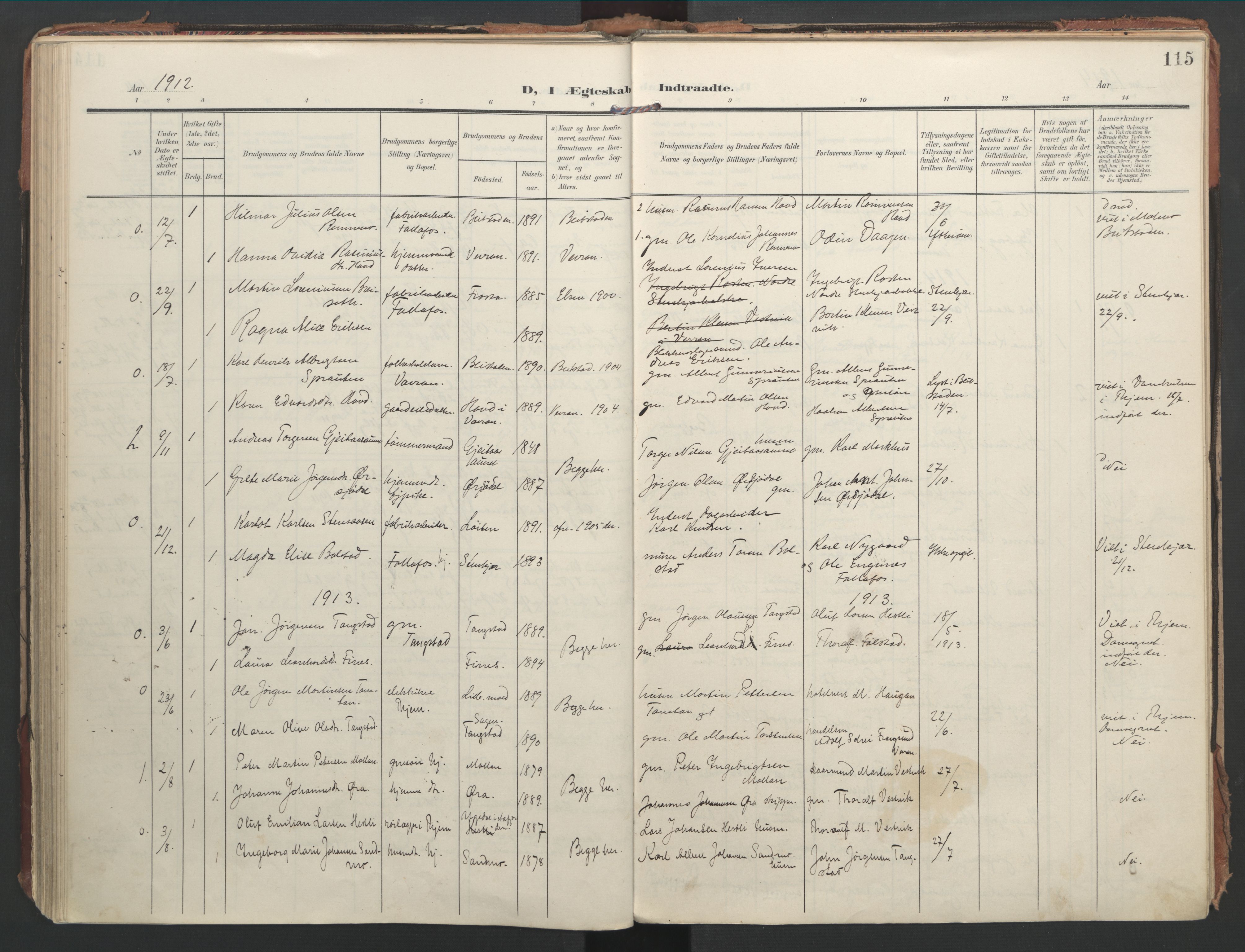 Ministerialprotokoller, klokkerbøker og fødselsregistre - Nord-Trøndelag, SAT/A-1458/744/L0421: Parish register (official) no. 744A05, 1905-1930, p. 115