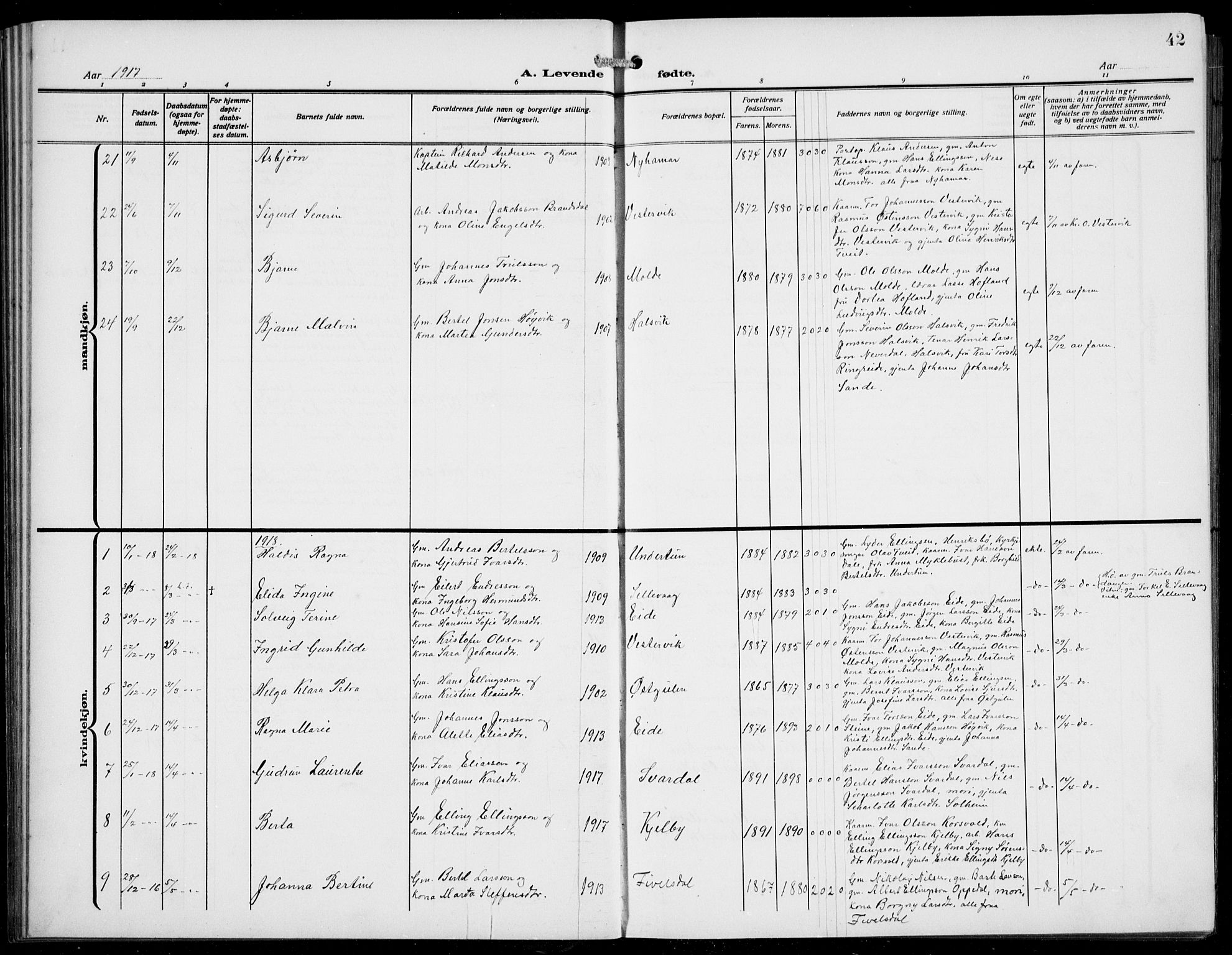 Gulen sokneprestembete, AV/SAB-A-80201/H/Hab/Habb/L0004: Parish register (copy) no. B 4, 1908-1936, p. 42