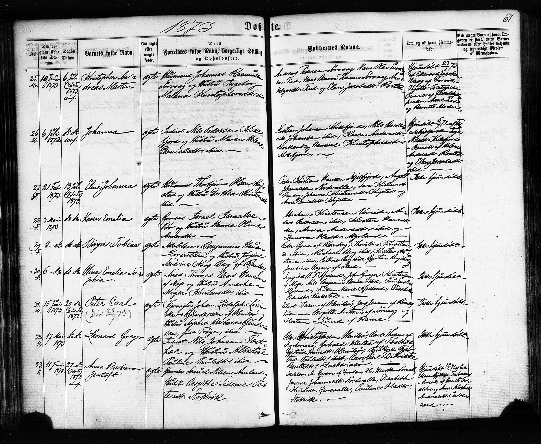 Ministerialprotokoller, klokkerbøker og fødselsregistre - Nordland, SAT/A-1459/885/L1203: Parish register (official) no. 885A04, 1859-1877, p. 67
