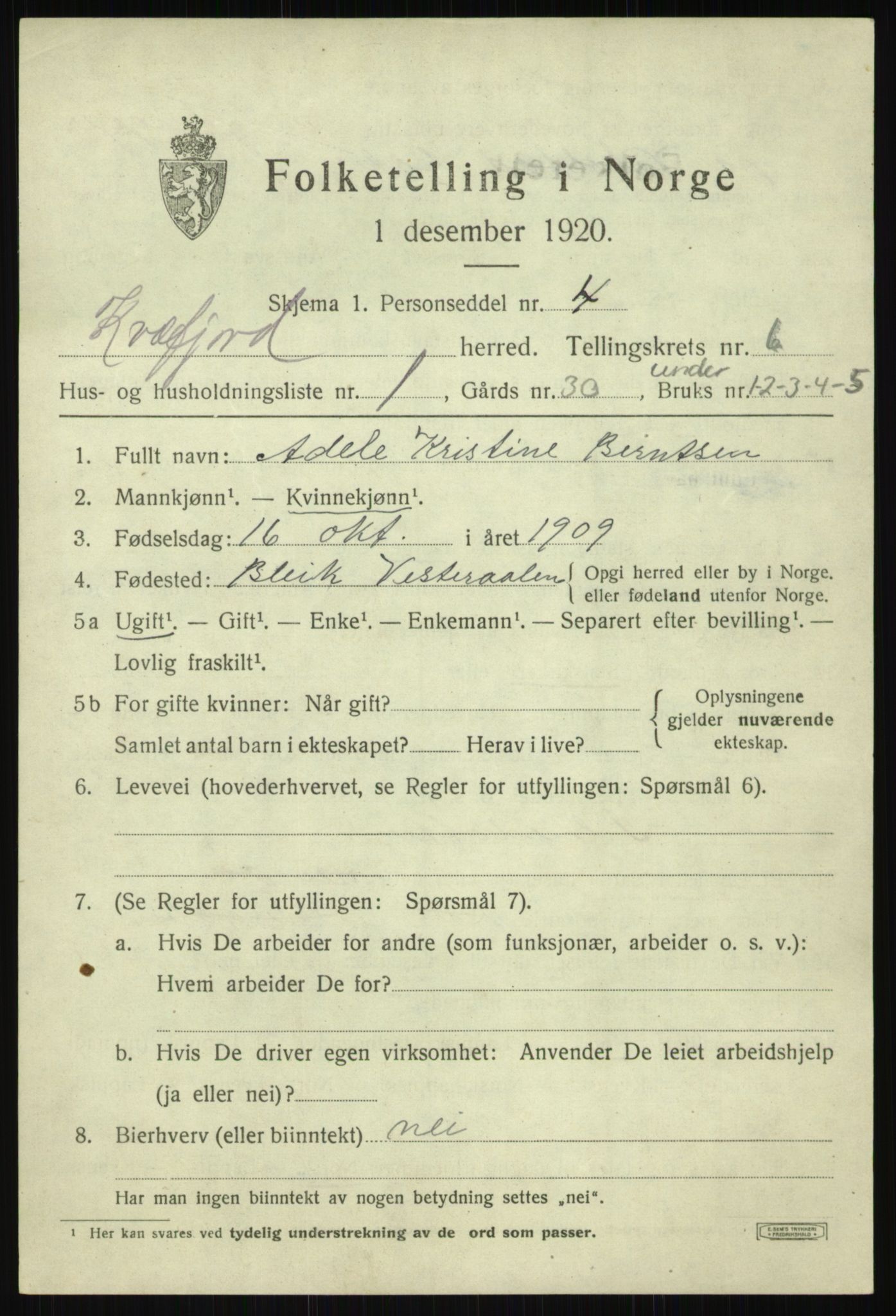 SATØ, 1920 census for Kvæfjord, 1920, p. 3129