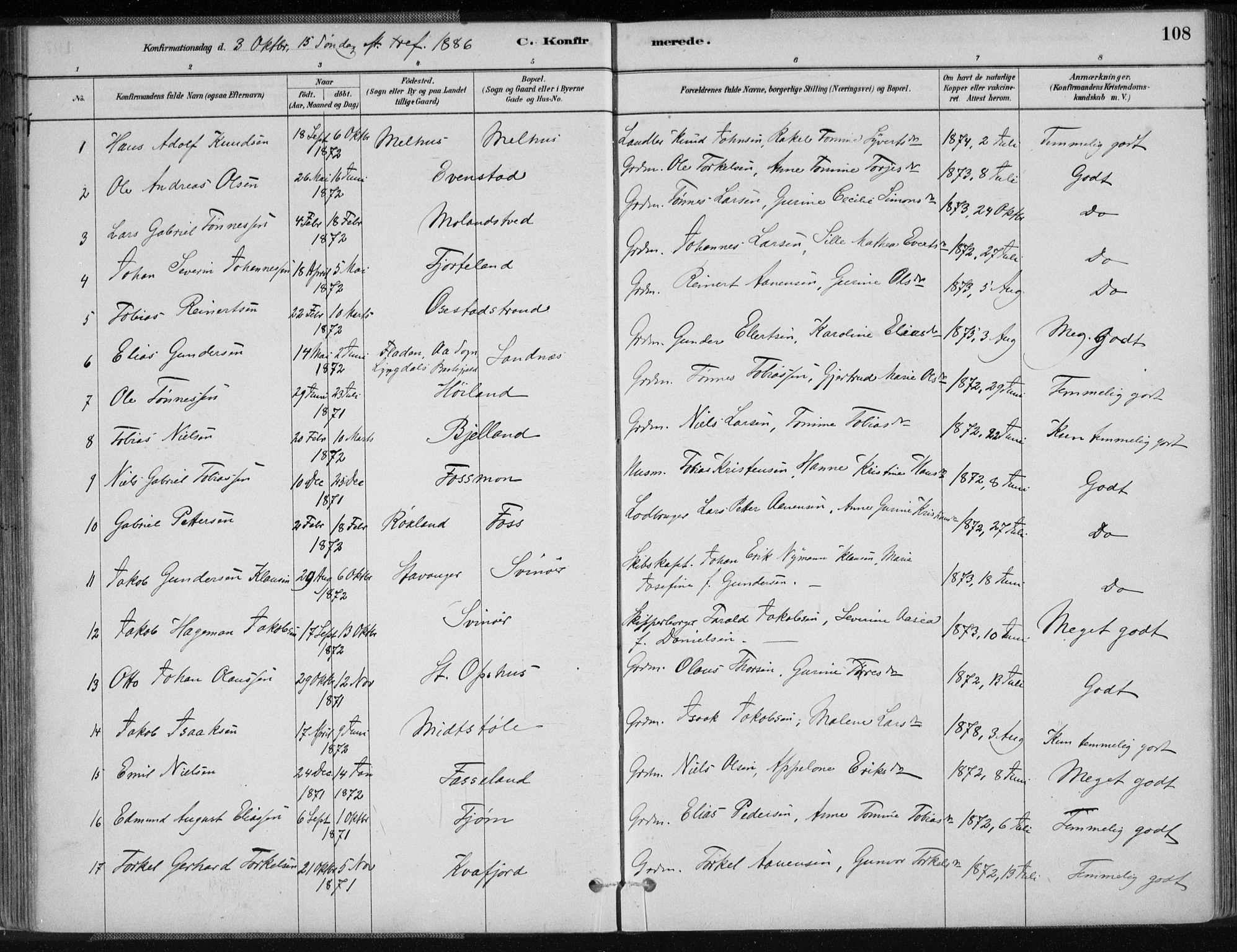 Sør-Audnedal sokneprestkontor, AV/SAK-1111-0039/F/Fa/Fab/L0009: Parish register (official) no. A 9, 1880-1895, p. 108