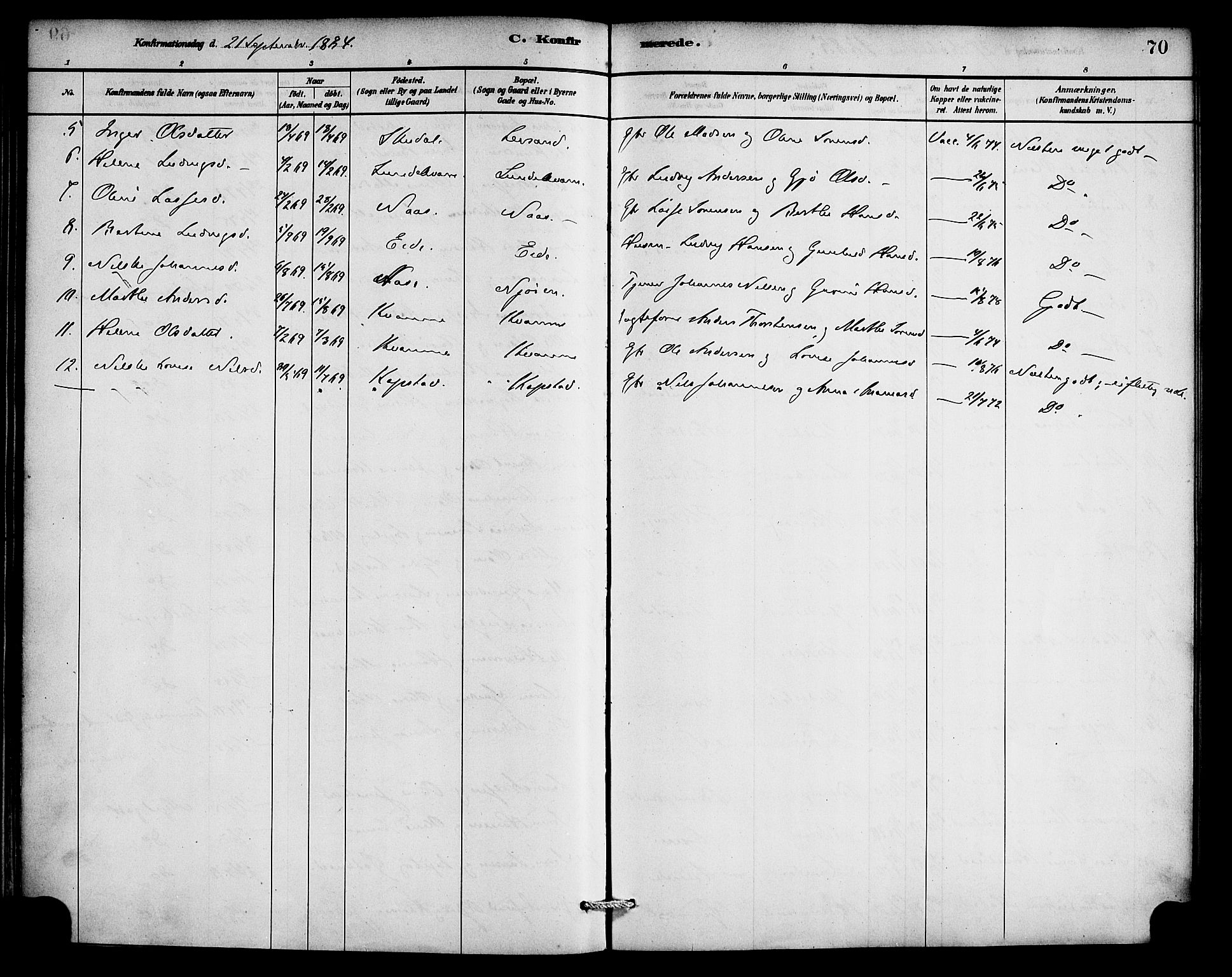 Gaular sokneprestembete, AV/SAB-A-80001/H/Haa: Parish register (official) no. C 1, 1882-1897, p. 70