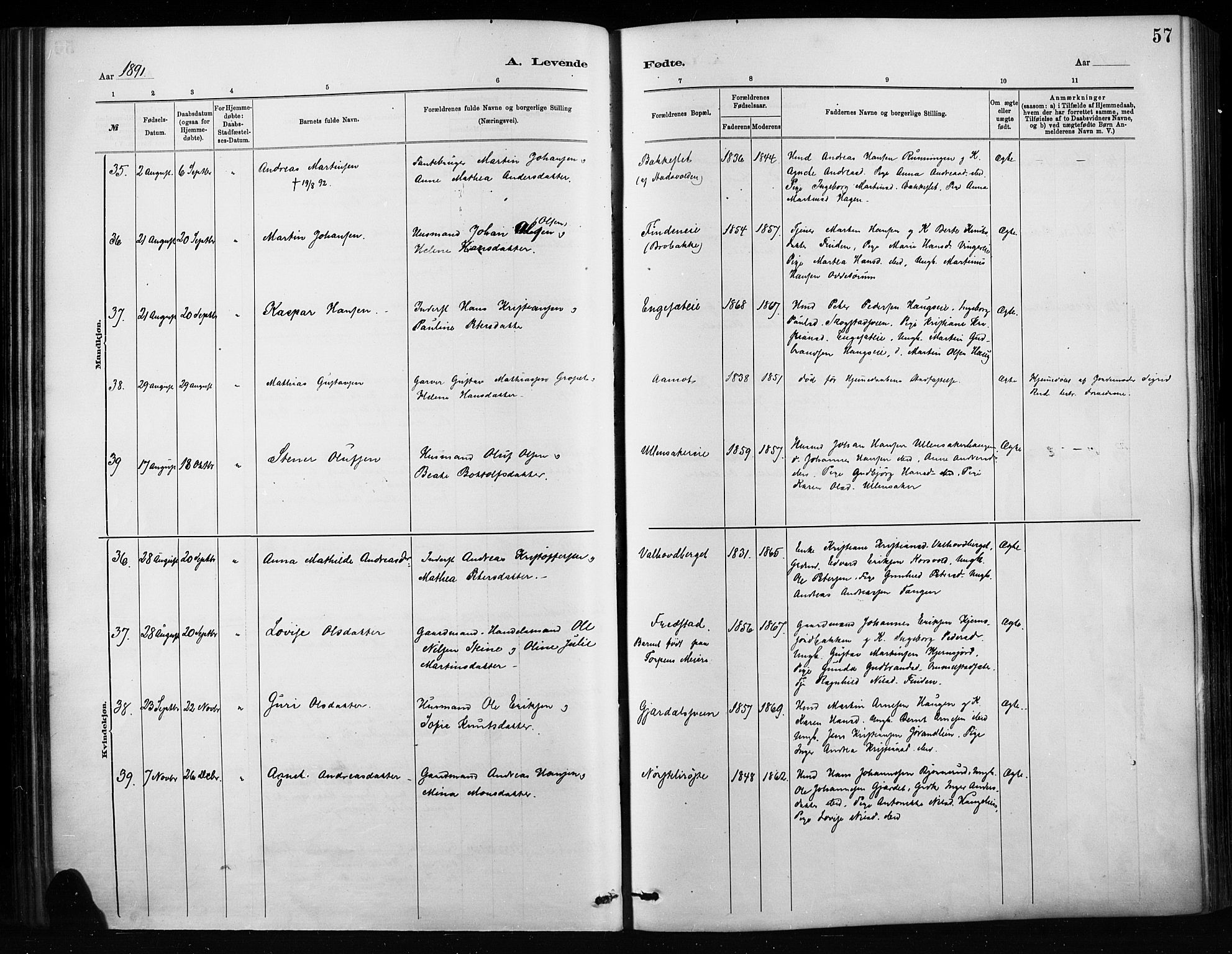 Nordre Land prestekontor, AV/SAH-PREST-124/H/Ha/Haa/L0004: Parish register (official) no. 4, 1882-1896, p. 57