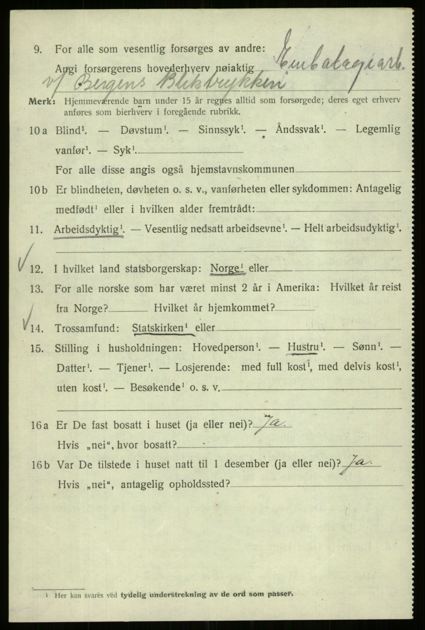 SAB, 1920 census for Bergen, 1920, p. 226743