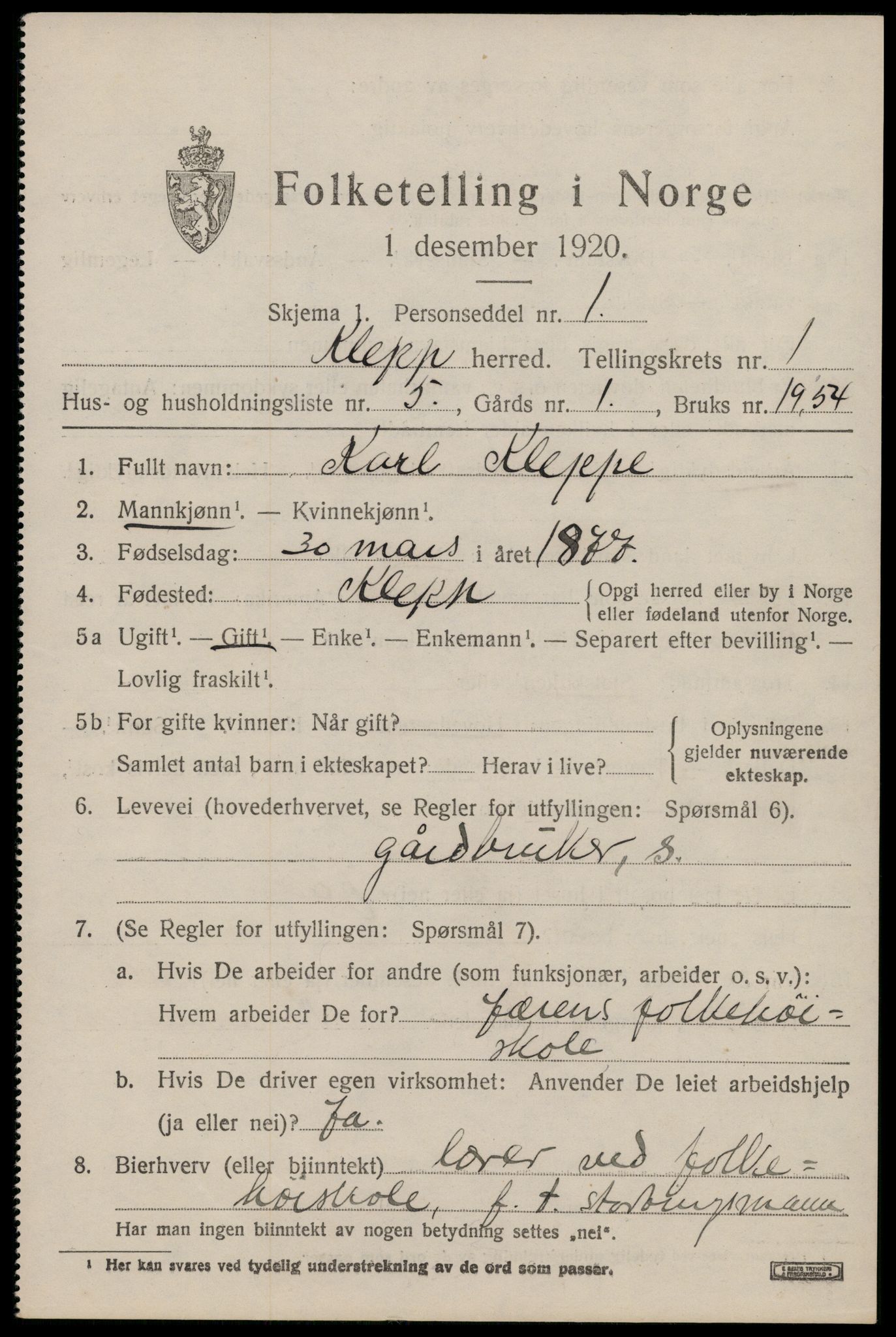 SAST, 1920 census for Klepp, 1920, p. 1260