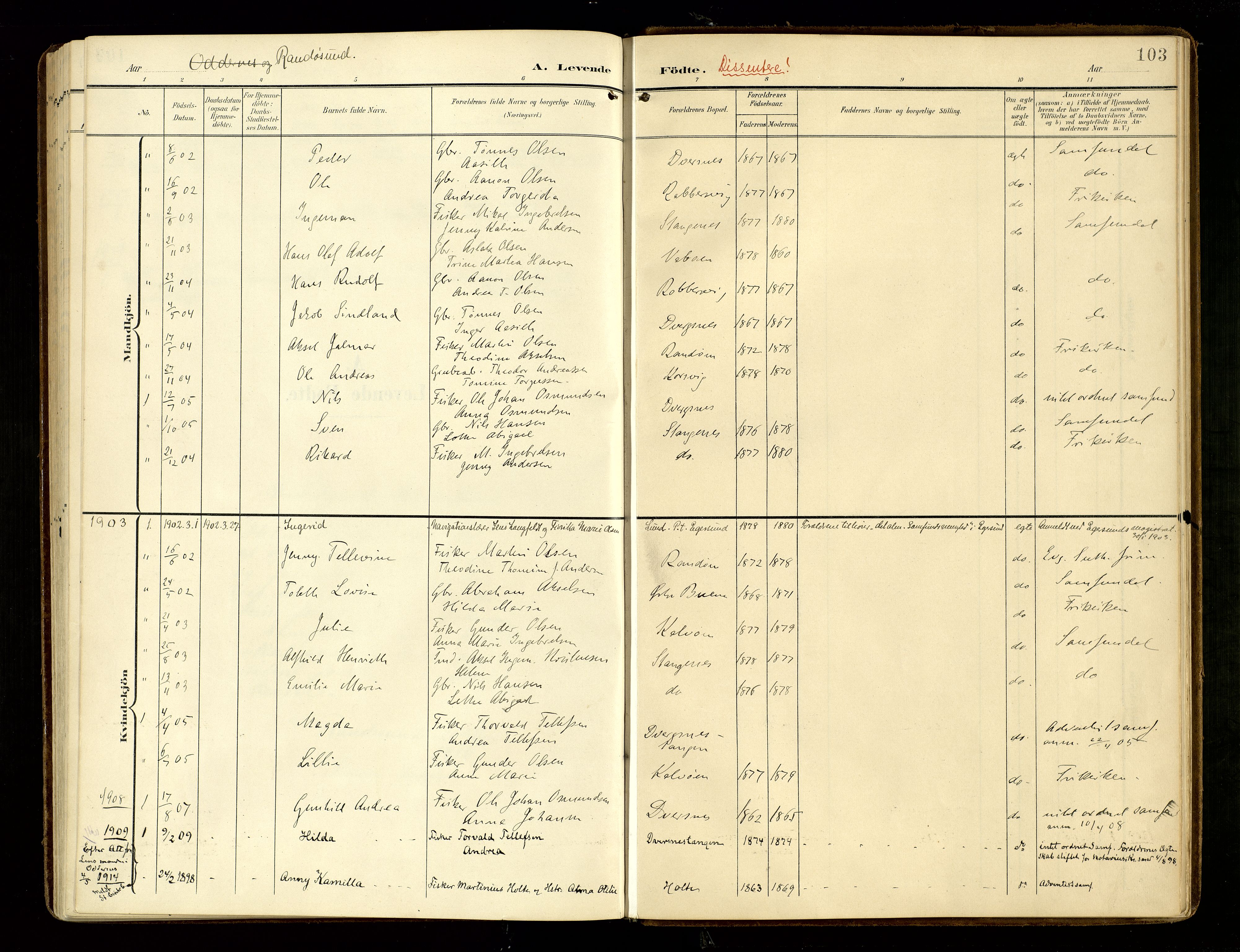 Oddernes sokneprestkontor, SAK/1111-0033/F/Fa/Fab/L0003: Parish register (official) no. A 3, 1903-1916, p. 103