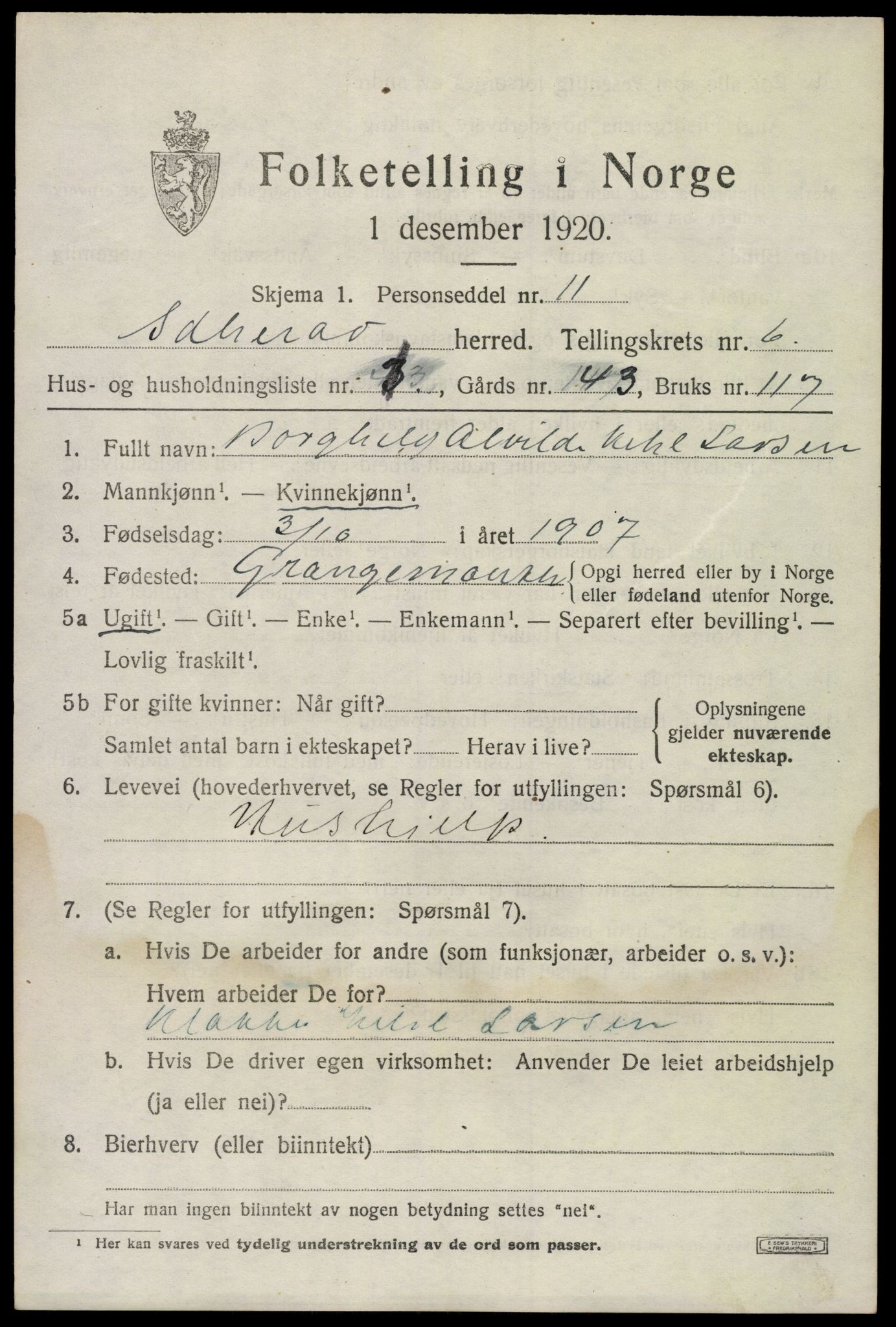 SAKO, 1920 census for Sandeherred, 1920, p. 9578
