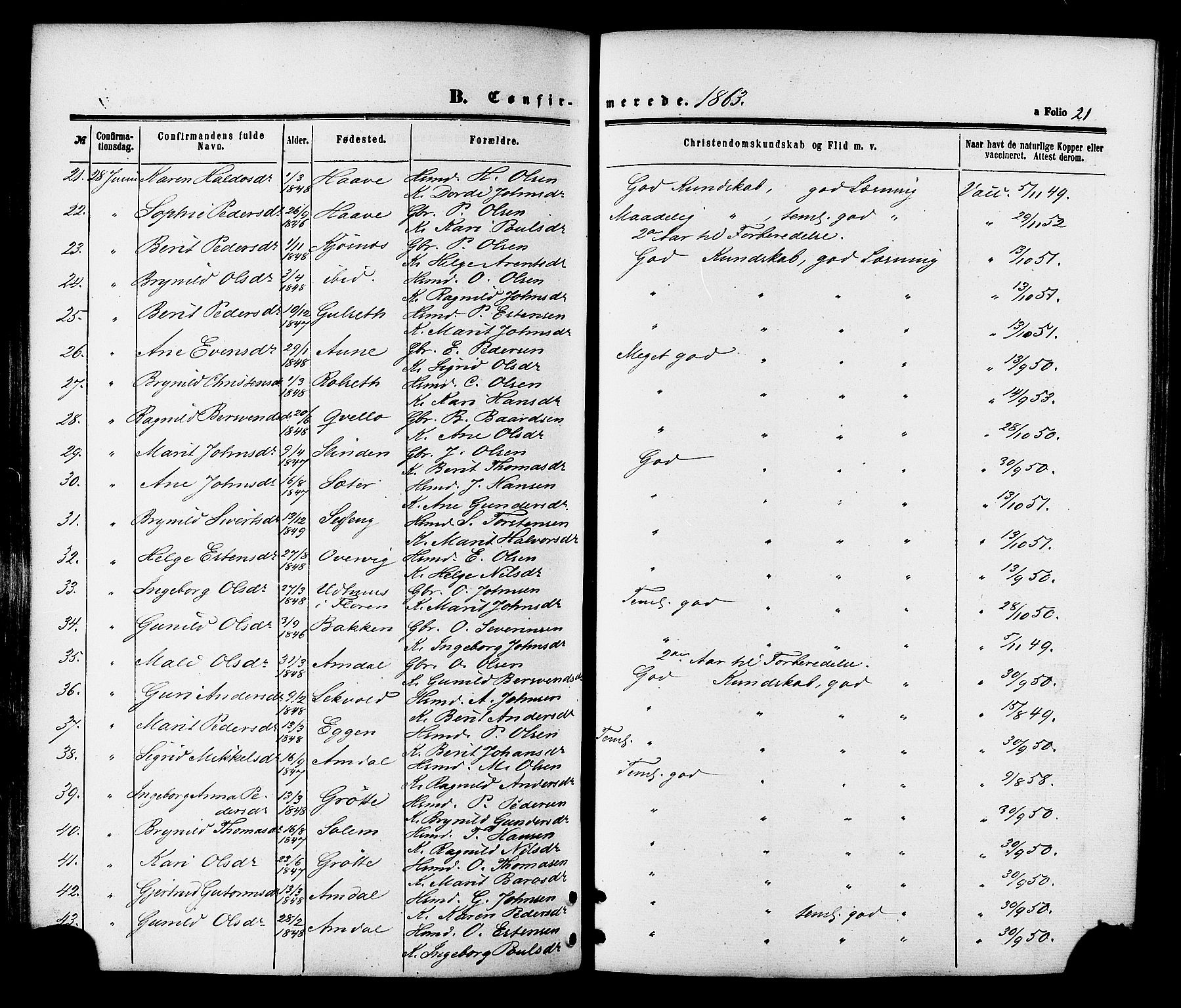 Ministerialprotokoller, klokkerbøker og fødselsregistre - Sør-Trøndelag, SAT/A-1456/695/L1147: Parish register (official) no. 695A07, 1860-1877, p. 21