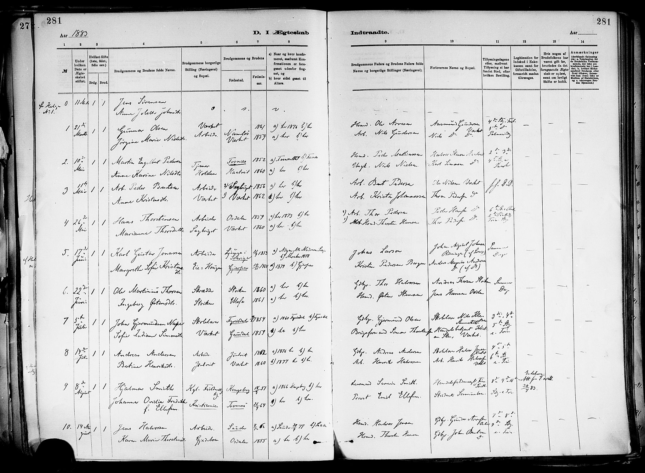 Holla kirkebøker, AV/SAKO-A-272/F/Fa/L0008: Parish register (official) no. 8, 1882-1897, p. 281