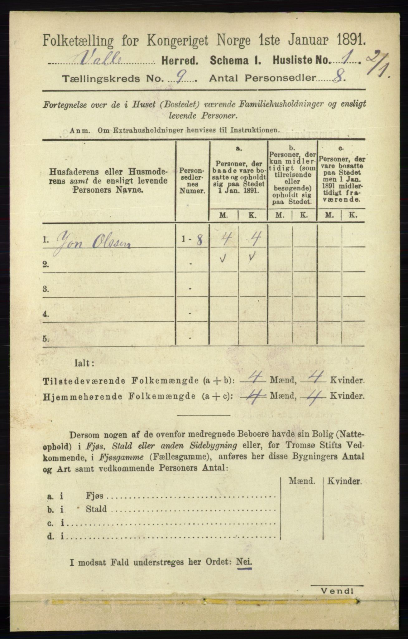 RA, 1891 census for 0940 Valle, 1891, p. 2386