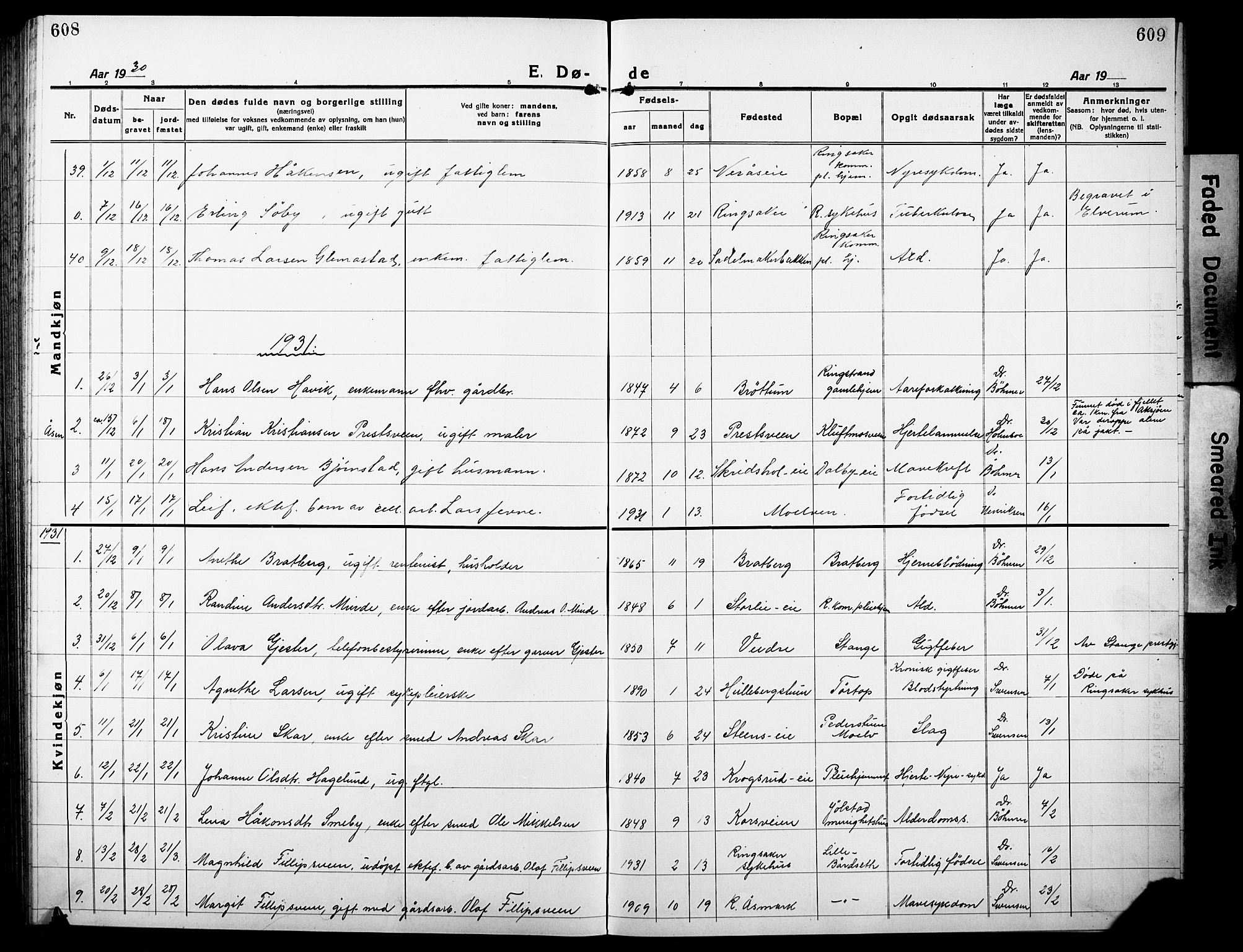 Ringsaker prestekontor, SAH/PREST-014/L/La/L0019: Parish register (copy) no. 19, 1923-1933, p. 608-609