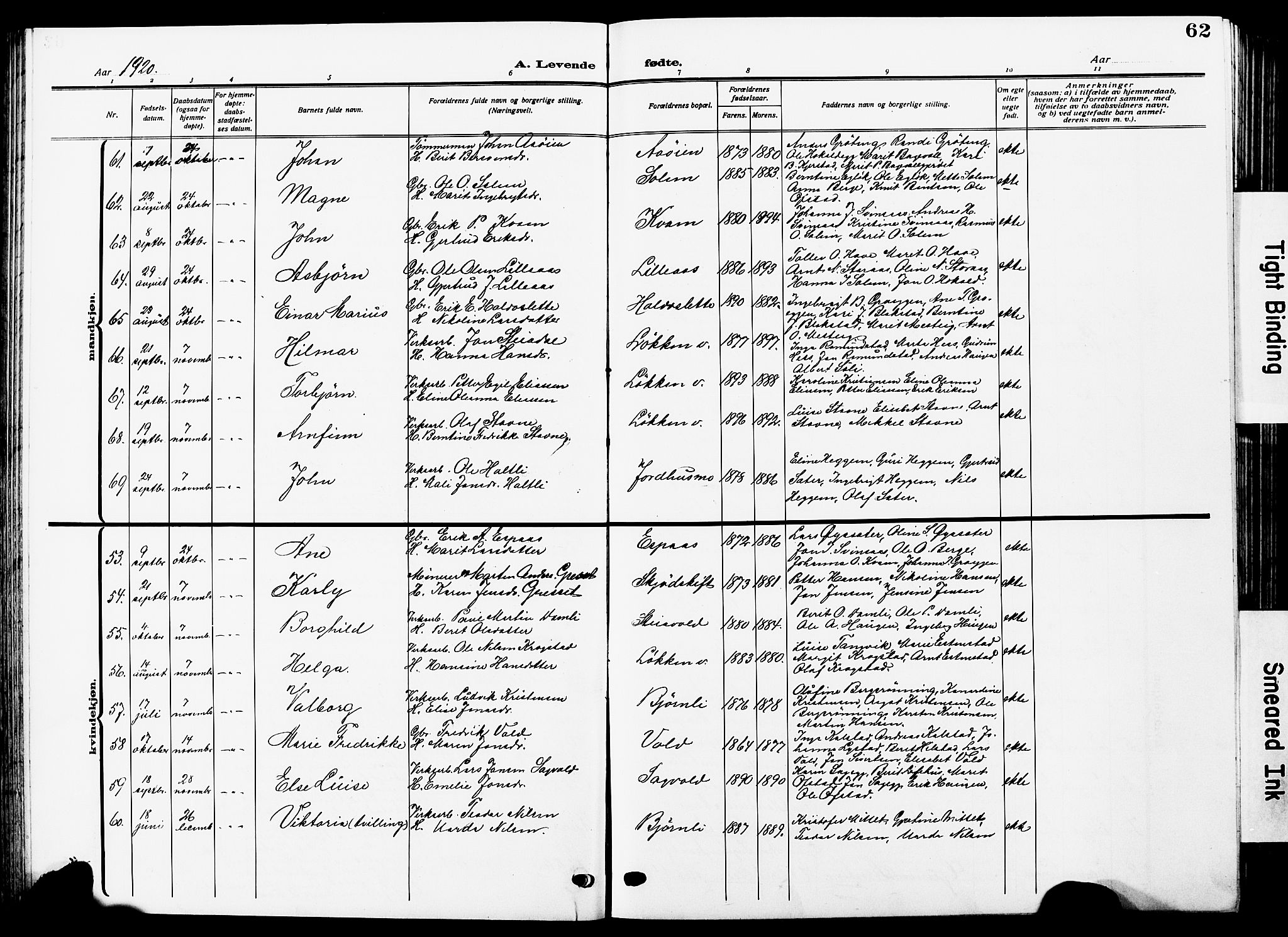 Ministerialprotokoller, klokkerbøker og fødselsregistre - Sør-Trøndelag, SAT/A-1456/672/L0865: Parish register (copy) no. 672C04, 1914-1928, p. 62