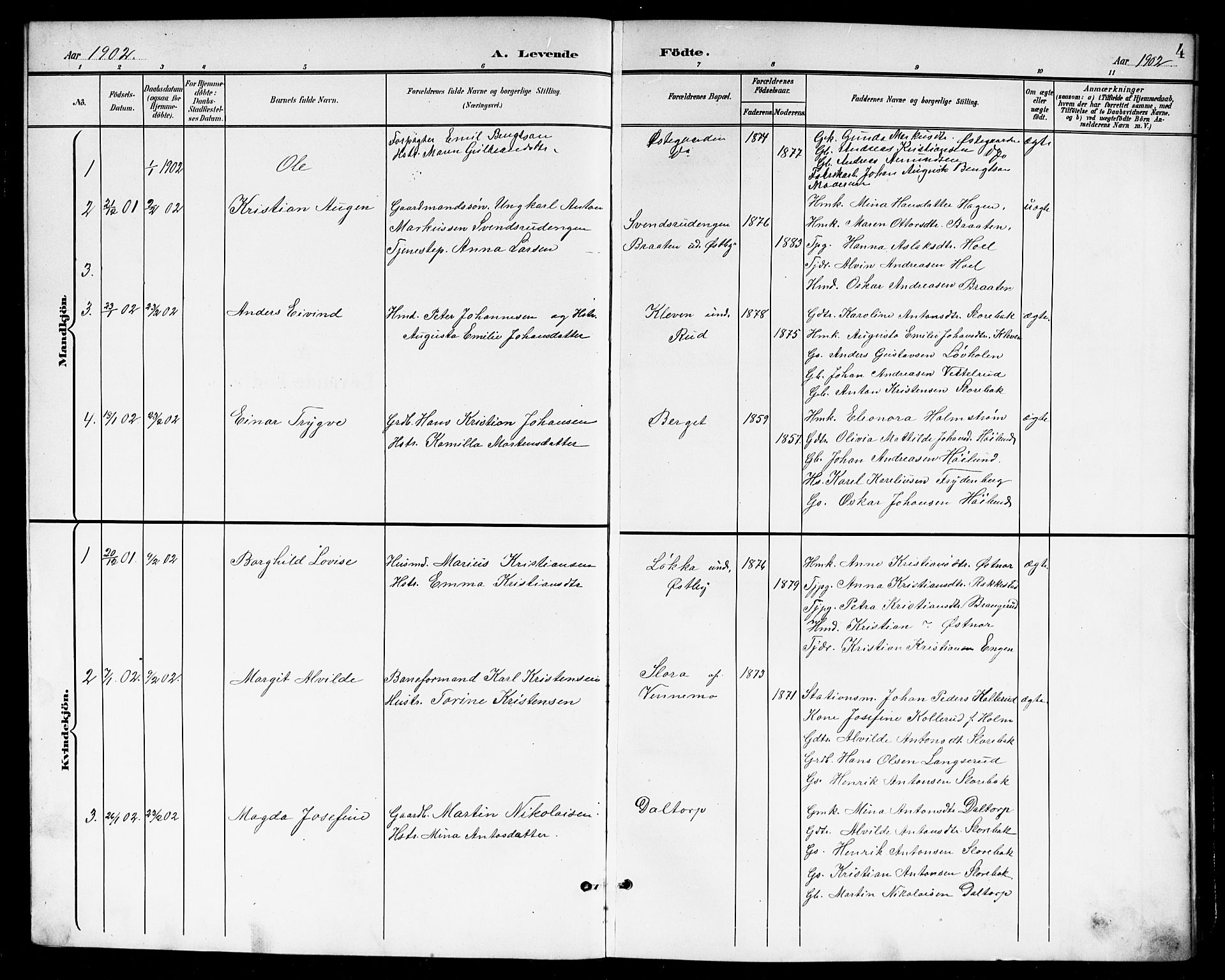 Høland prestekontor Kirkebøker, SAO/A-10346a/G/Gb/L0001: Parish register (copy) no. II 1, 1902-1919, p. 4