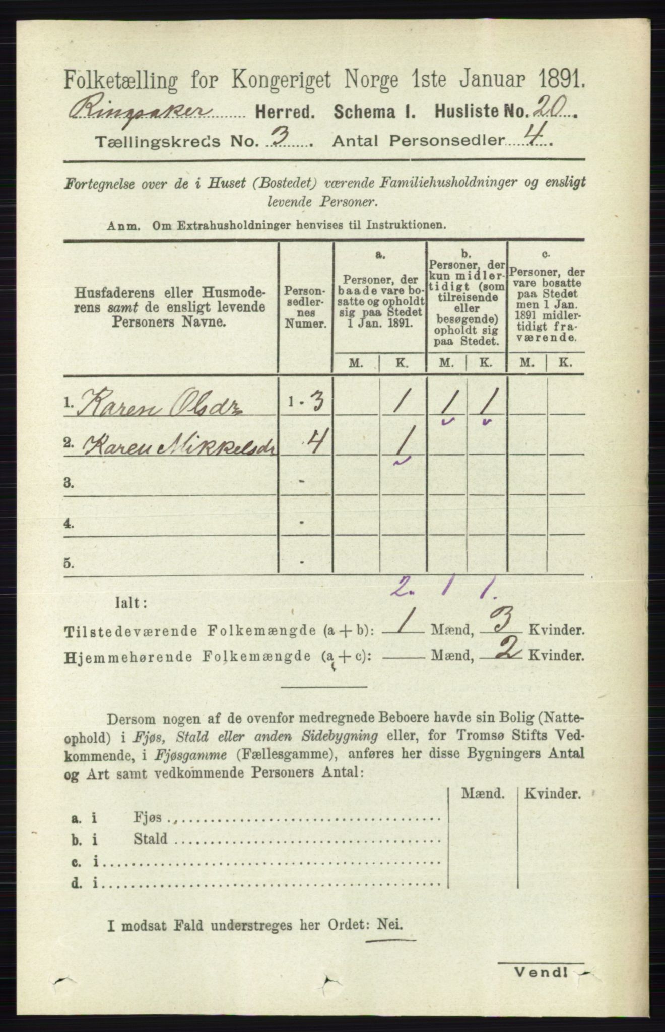 RA, 1891 census for 0412 Ringsaker, 1891, p. 1181