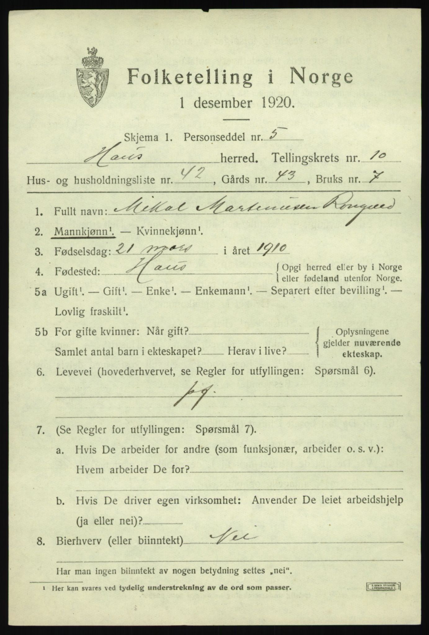 SAB, 1920 census for Haus, 1920, p. 6709