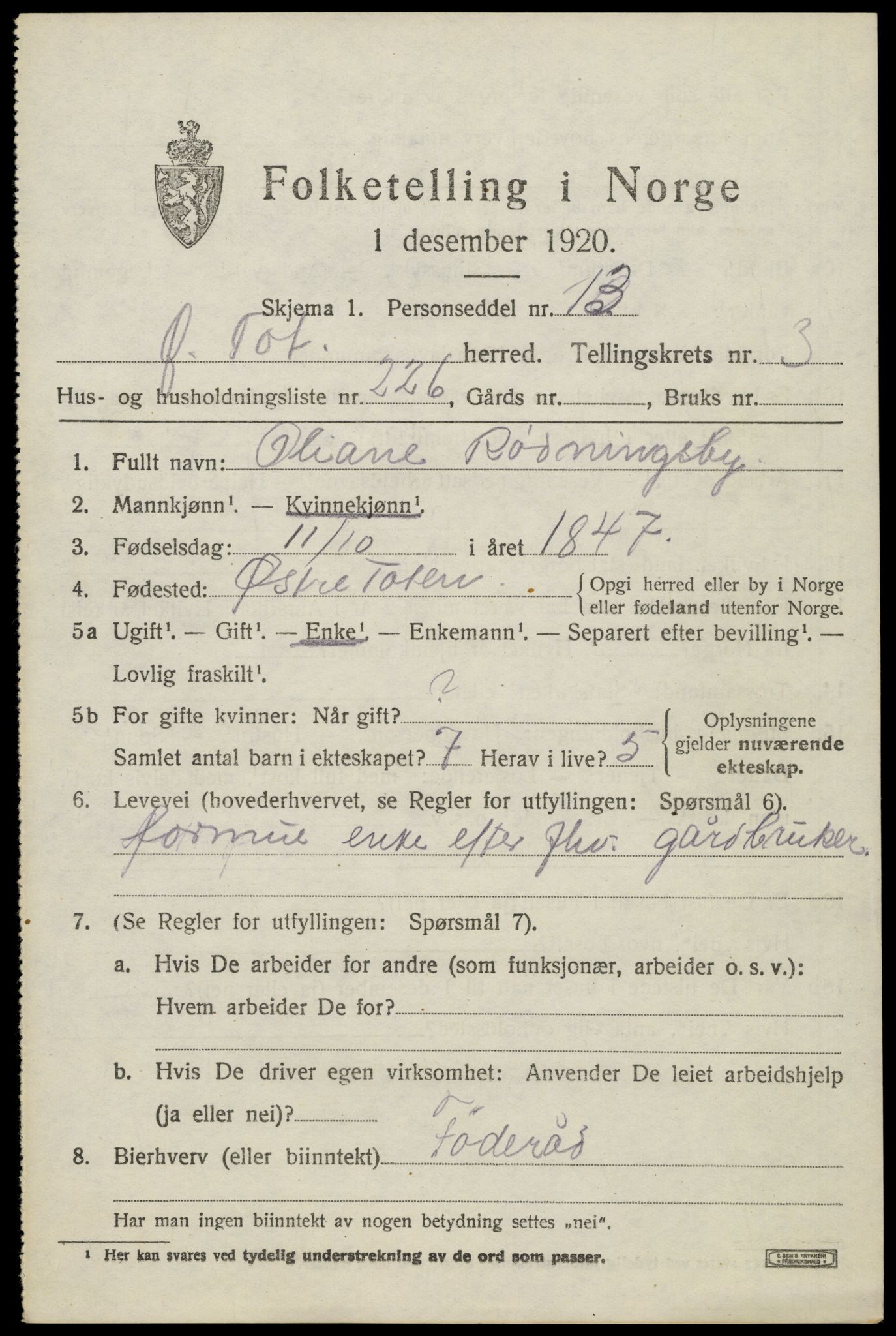 SAH, 1920 census for Østre Toten, 1920, p. 8522