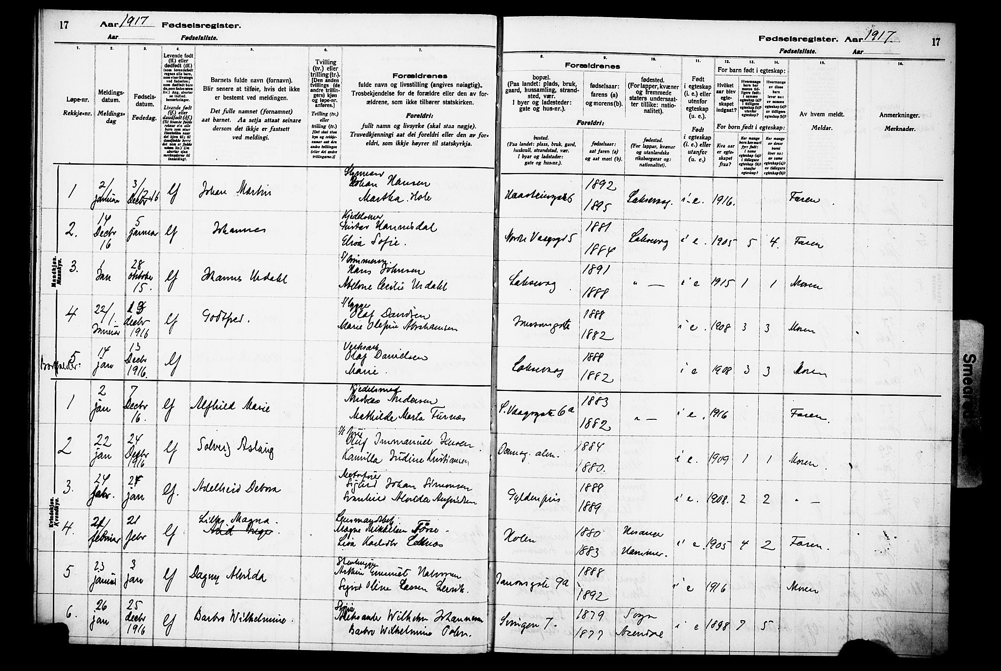 Laksevåg Sokneprestembete, SAB/A-76501/I/Id/L00A1: Birth register no. A 1, 1916-1926, p. 17