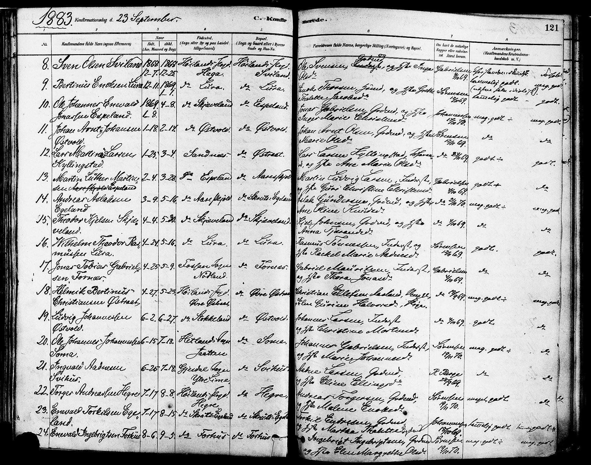 Høyland sokneprestkontor, AV/SAST-A-101799/001/30BA/L0011: Parish register (official) no. A 10, 1878-1888, p. 121