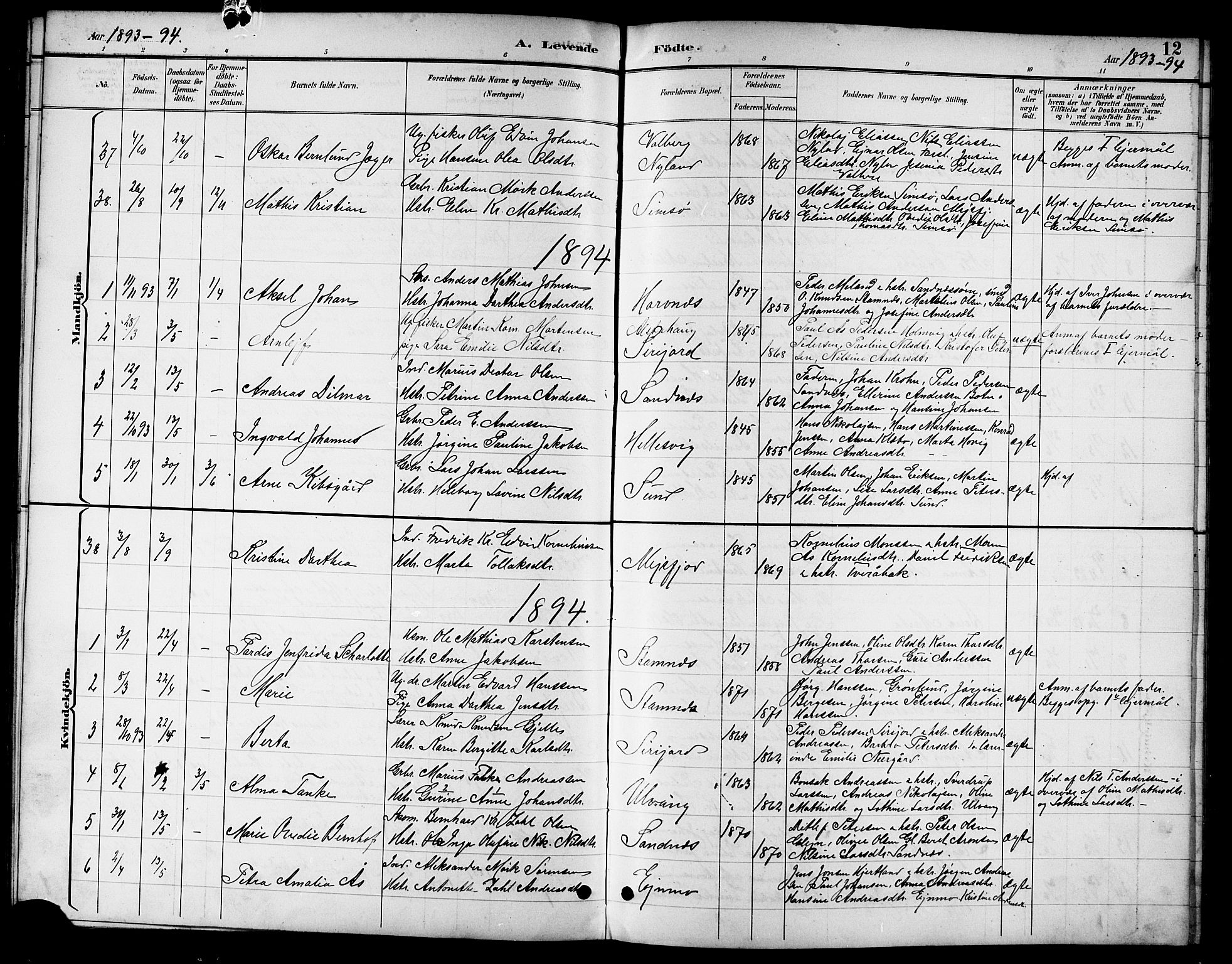 Ministerialprotokoller, klokkerbøker og fødselsregistre - Nordland, SAT/A-1459/831/L0478: Parish register (copy) no. 831C05, 1892-1909, p. 12