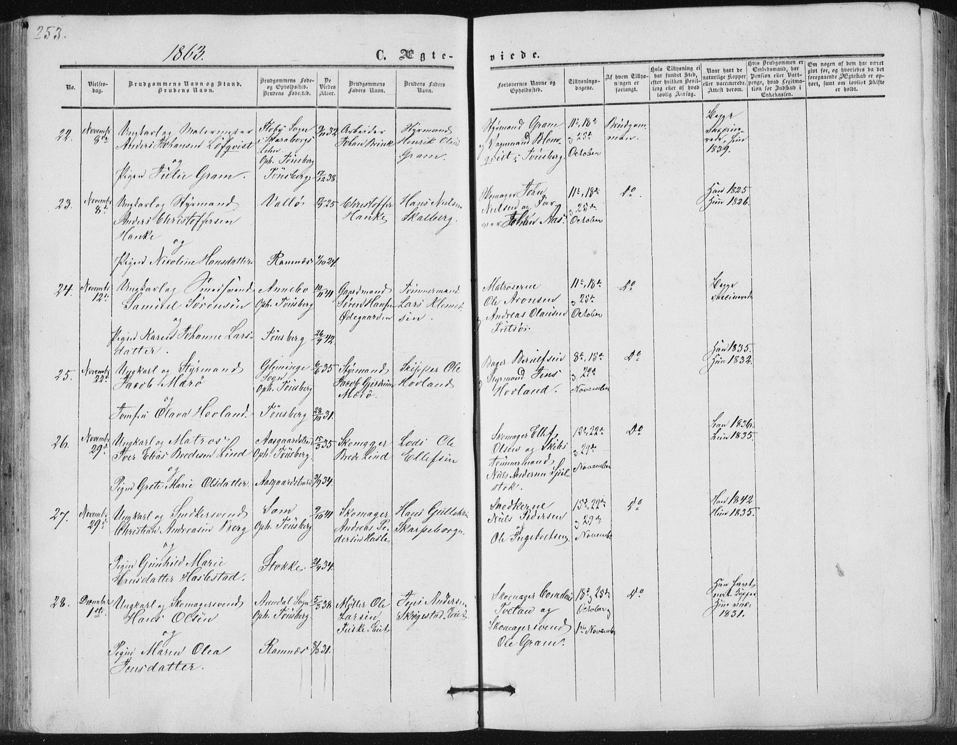 Tønsberg kirkebøker, AV/SAKO-A-330/F/Fa/L0008: Parish register (official) no. I 8, 1855-1864, p. 253