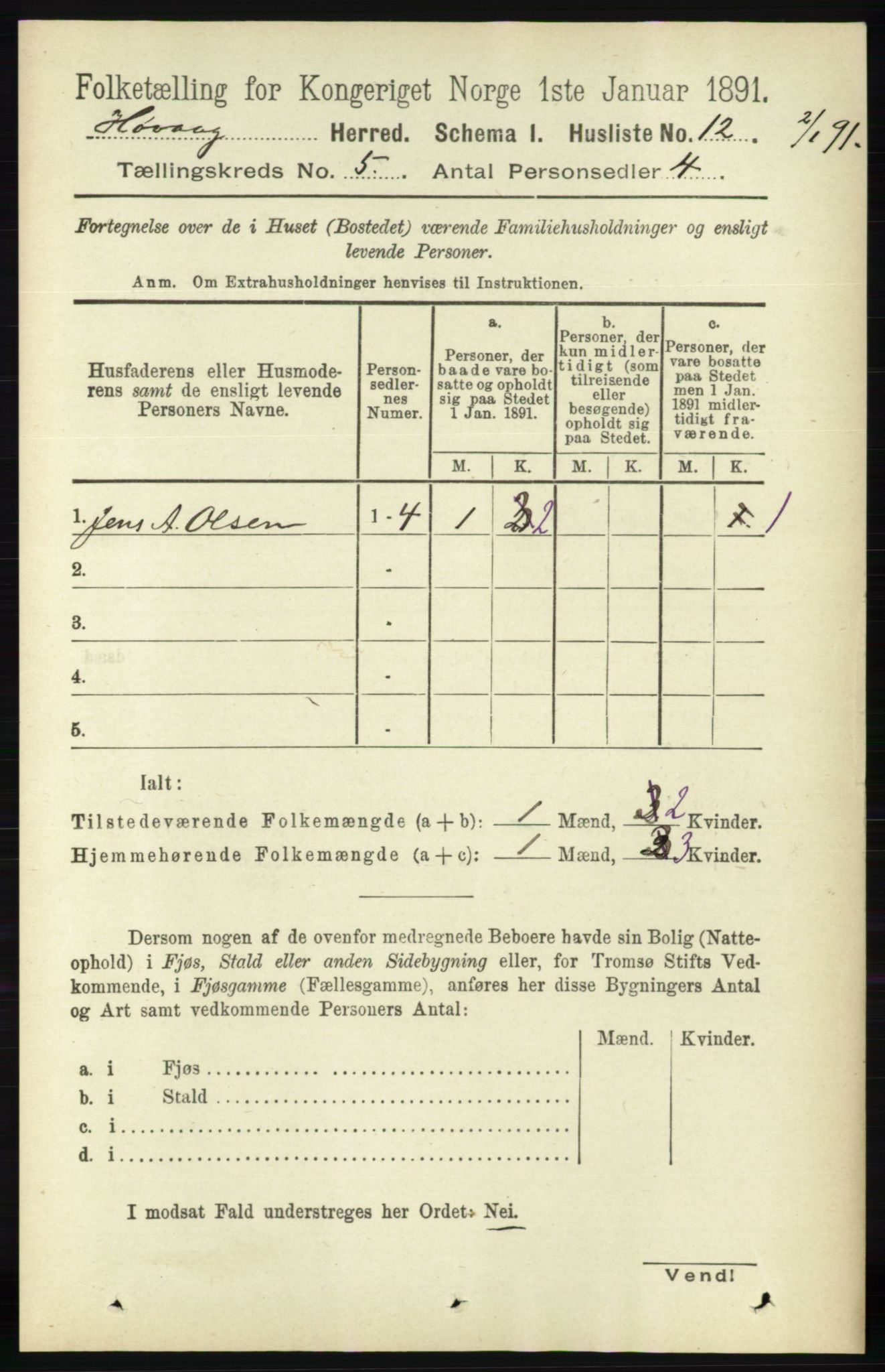 RA, 1891 census for 0927 Høvåg, 1891, p. 1797