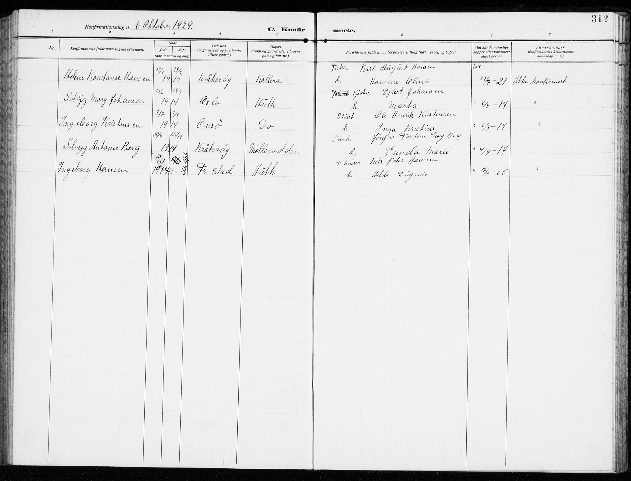 Kråkerøy prestekontor Kirkebøker, AV/SAO-A-10912/G/Ga/L0001: Parish register (copy) no. 1, 1908-1944, p. 312
