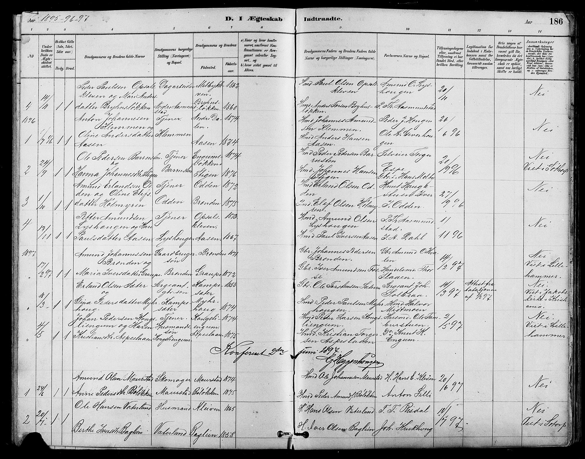 Nord-Fron prestekontor, SAH/PREST-080/H/Ha/Hab/L0005: Parish register (copy) no. 5, 1884-1914, p. 186