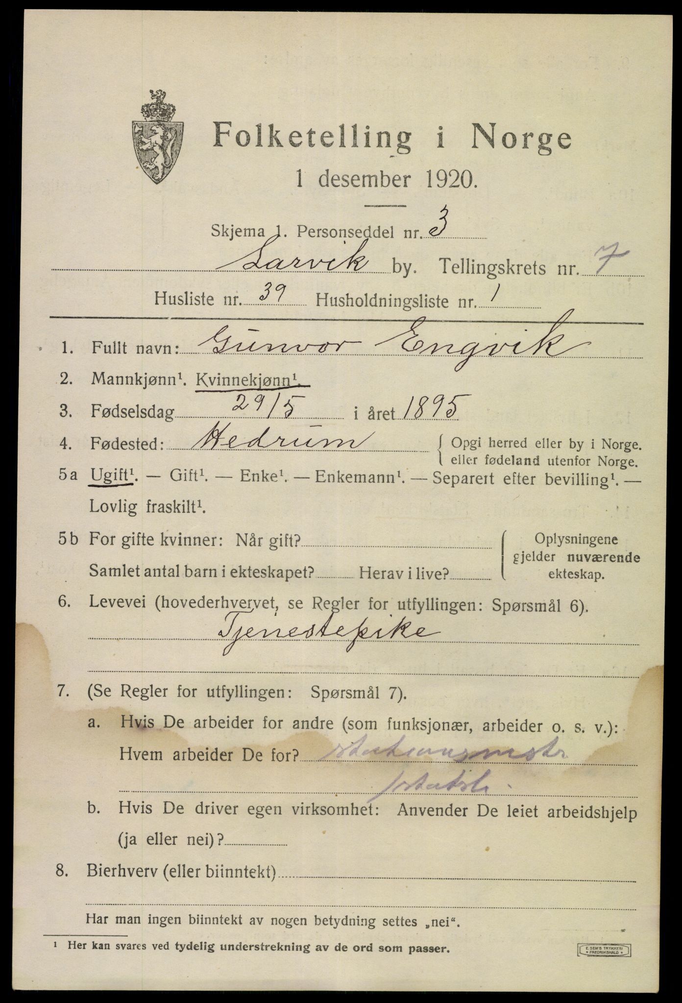 SAKO, 1920 census for Larvik, 1920, p. 21170