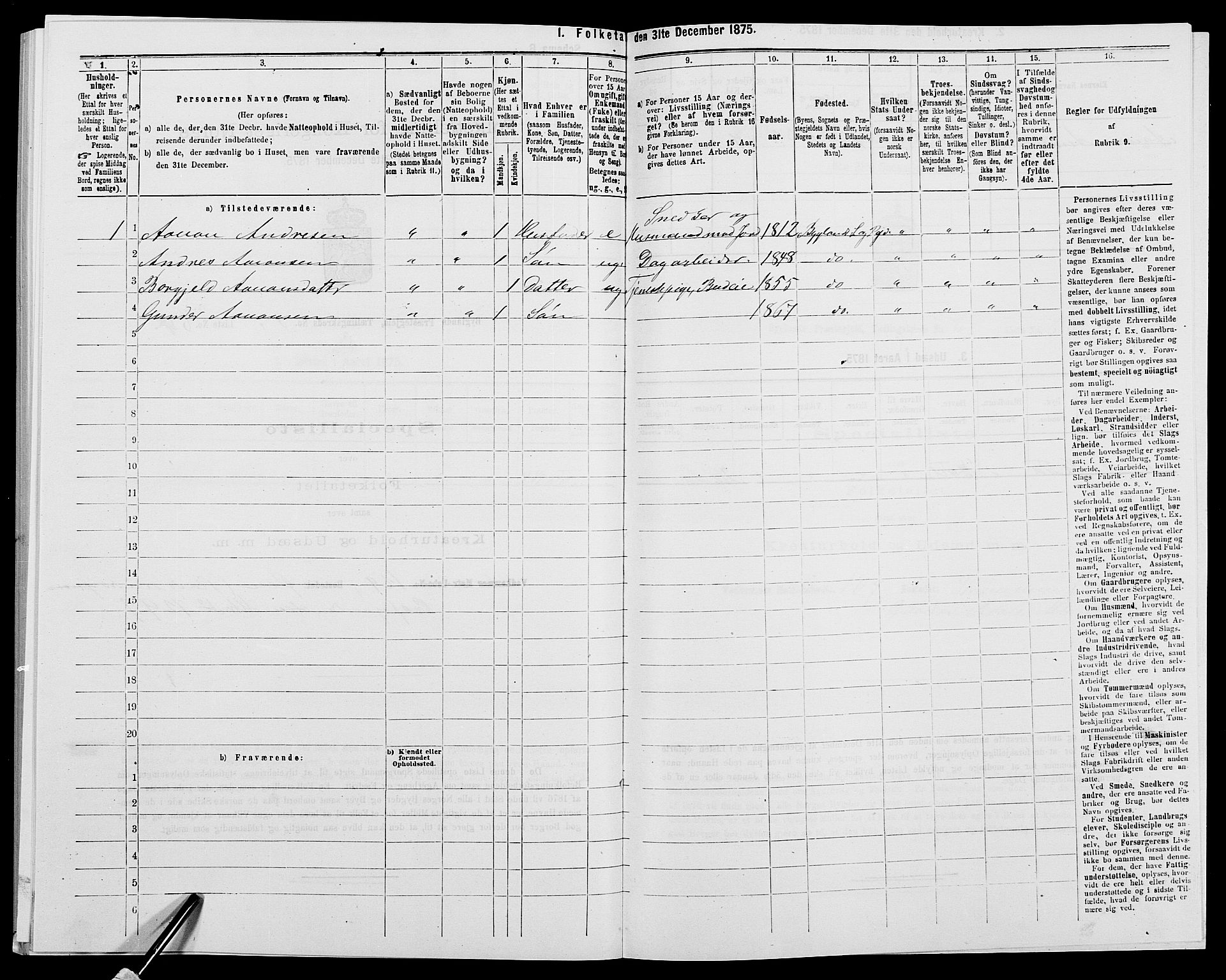 SAK, 1875 census for 0938P Bygland, 1875, p. 584