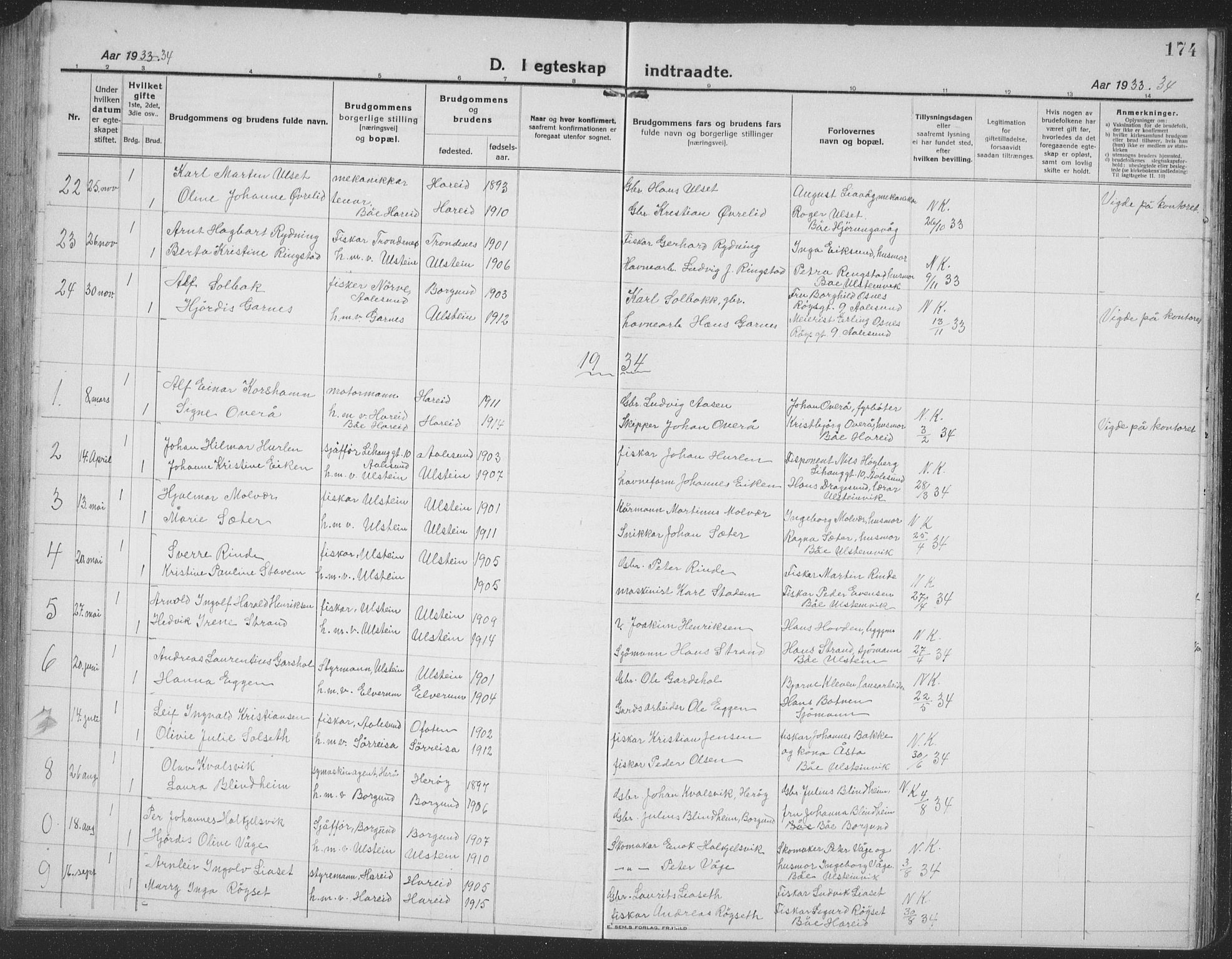 Ministerialprotokoller, klokkerbøker og fødselsregistre - Møre og Romsdal, SAT/A-1454/509/L0113: Parish register (copy) no. 509C03, 1923-1939, p. 174