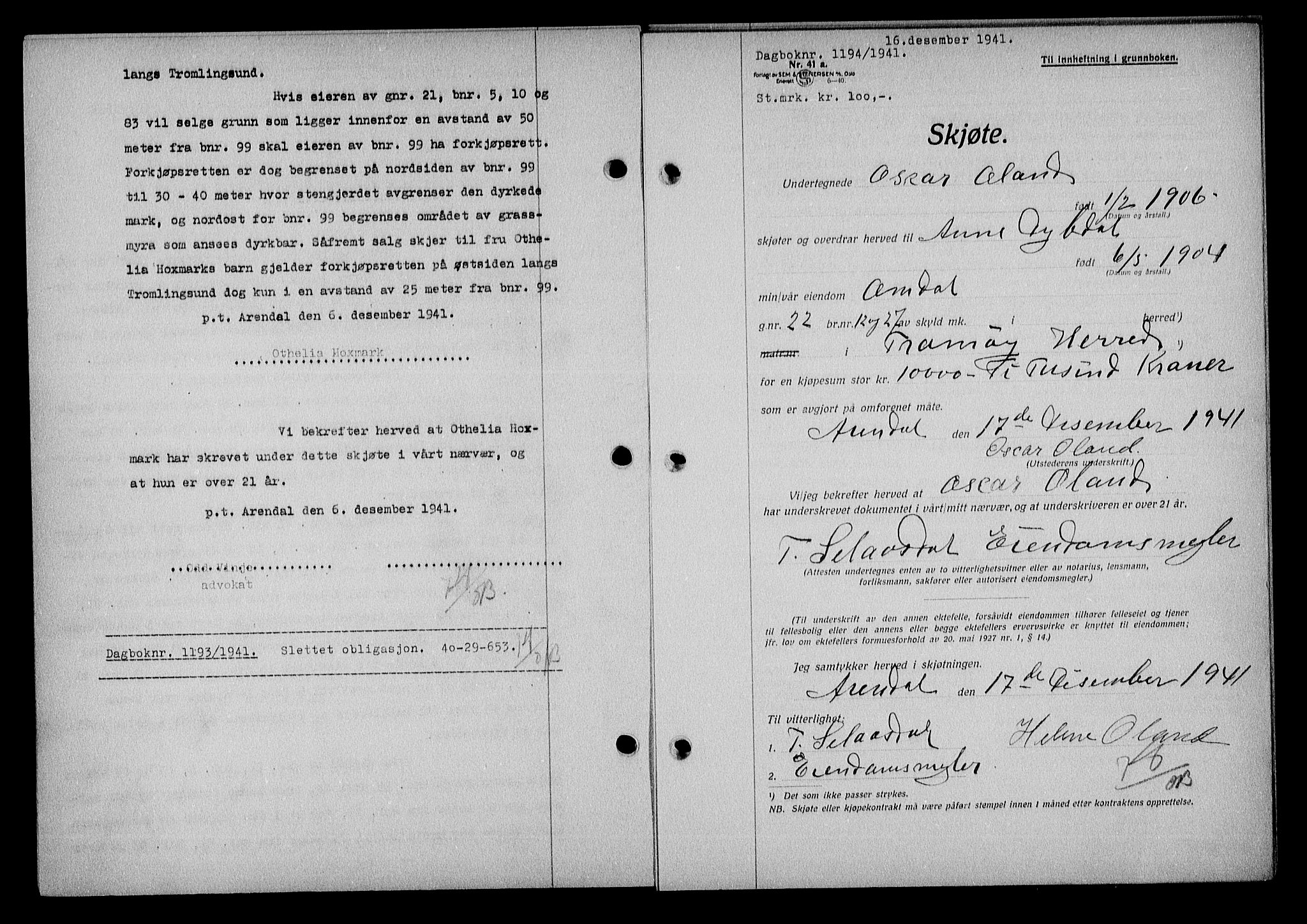 Nedenes sorenskriveri, SAK/1221-0006/G/Gb/Gba/L0049: Mortgage book no. A-III, 1941-1942, Diary no: : 1194/1941