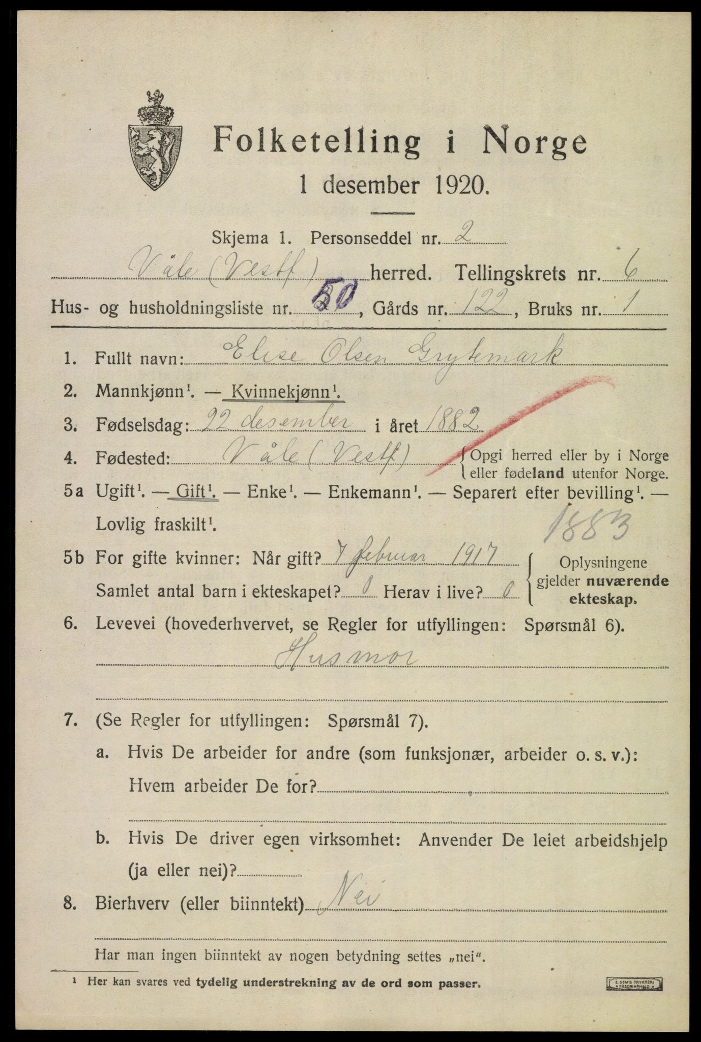 SAKO, 1920 census for Våle, 1920, p. 5470
