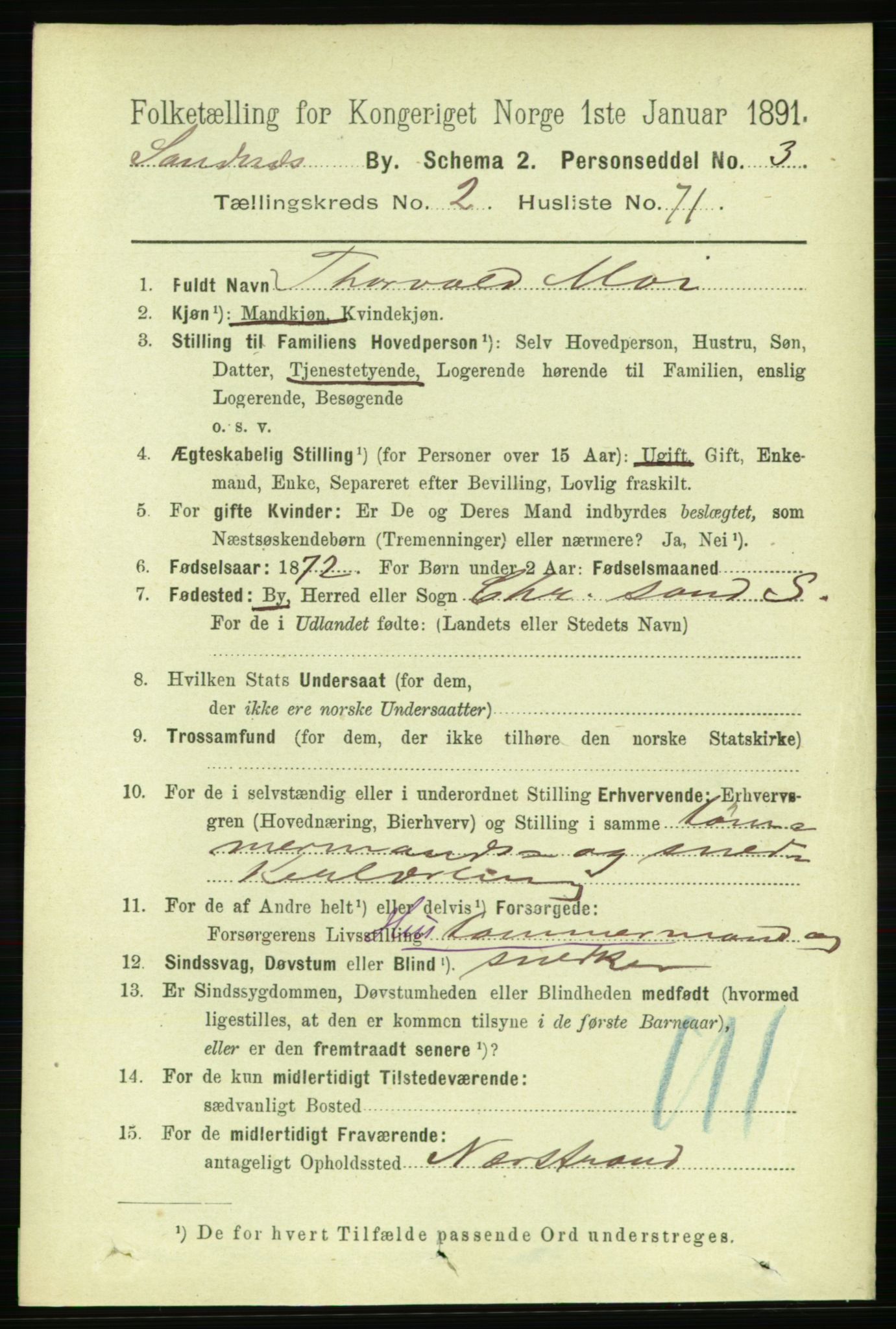 RA, 1891 census for 1102 Sandnes, 1891, p. 1459